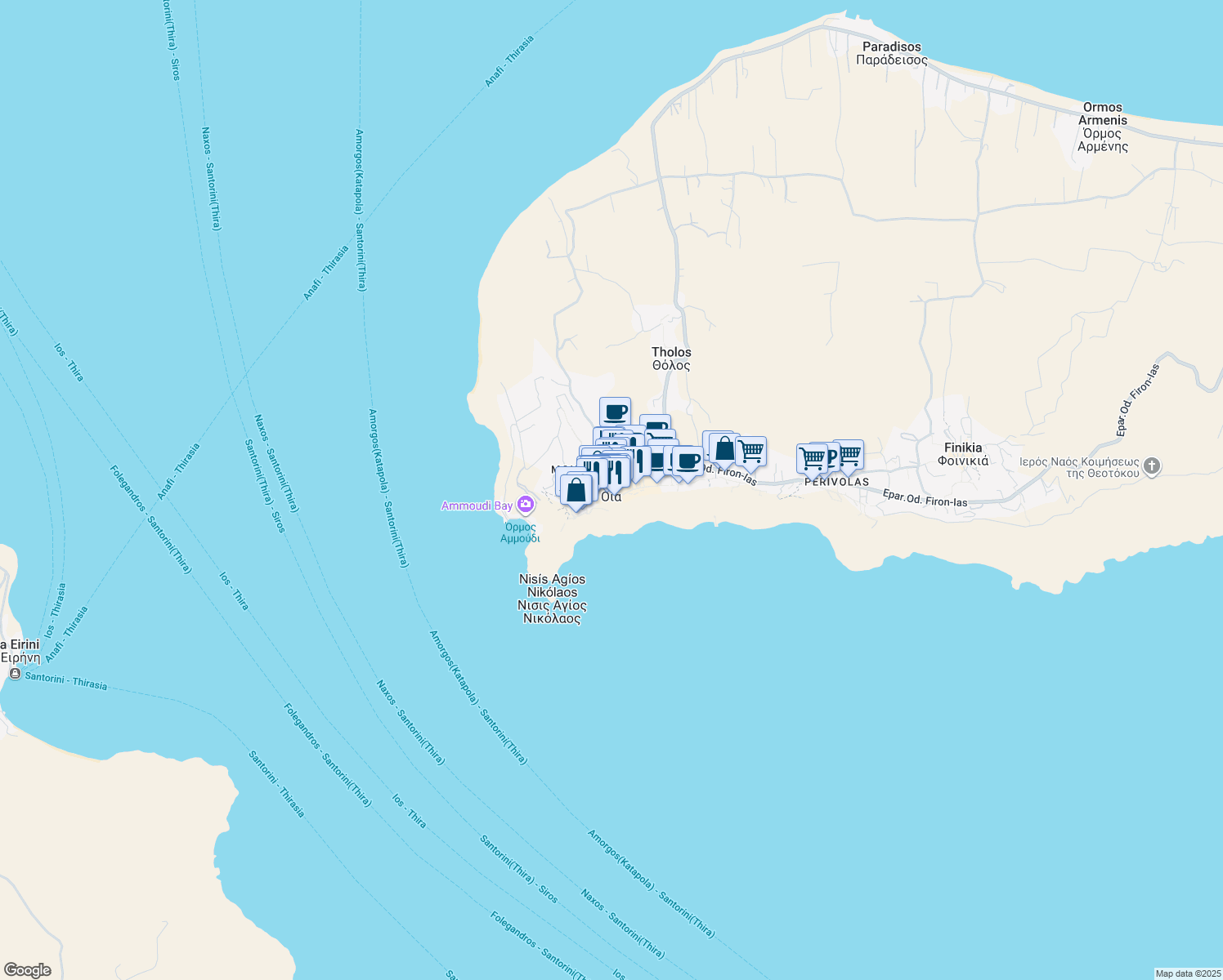 map of restaurants, bars, coffee shops, grocery stores, and more near in Oia