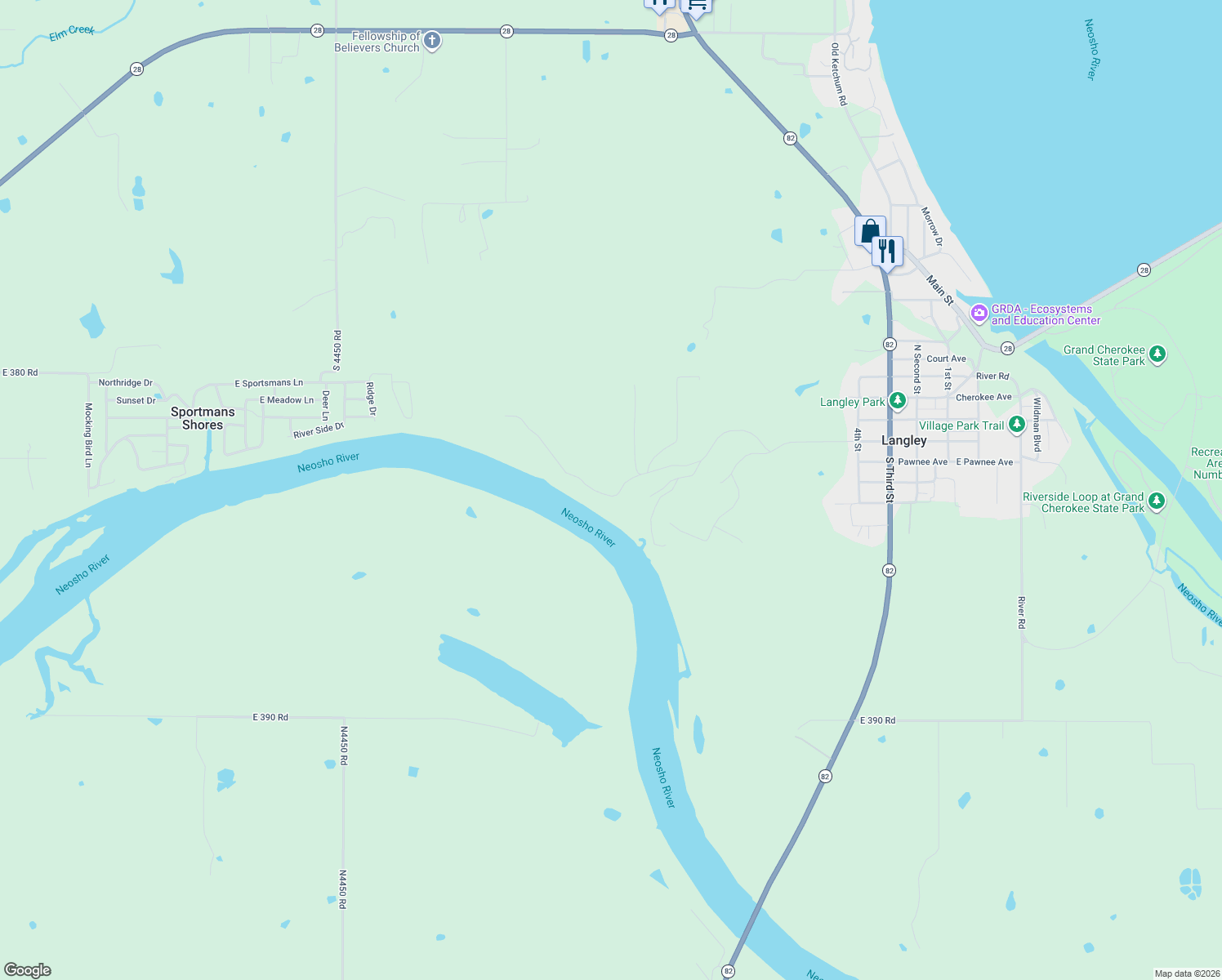 map of restaurants, bars, coffee shops, grocery stores, and more near 718 Maple Brook Lane in Vinita