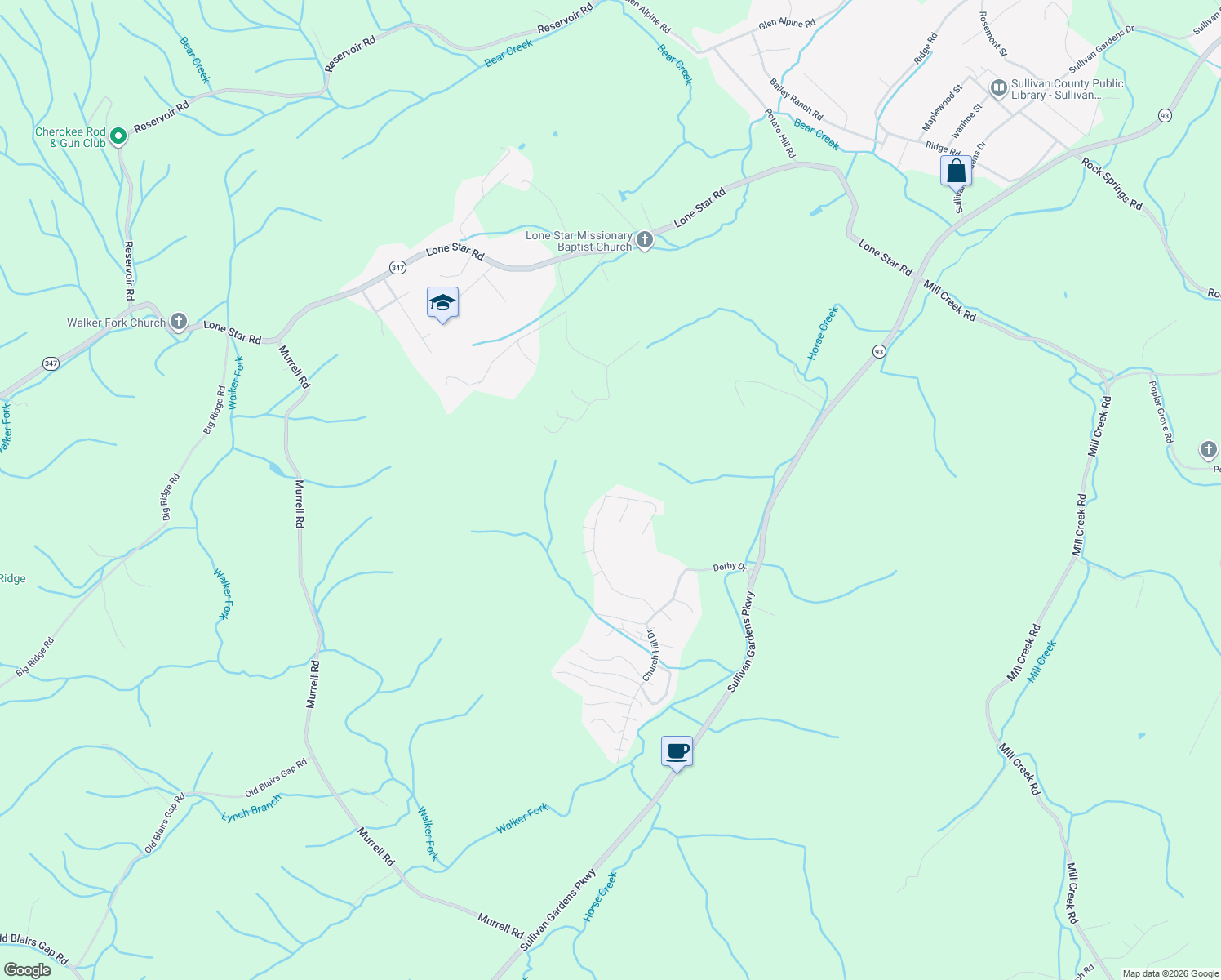 map of restaurants, bars, coffee shops, grocery stores, and more near 101 Marilee Way in Kingsport