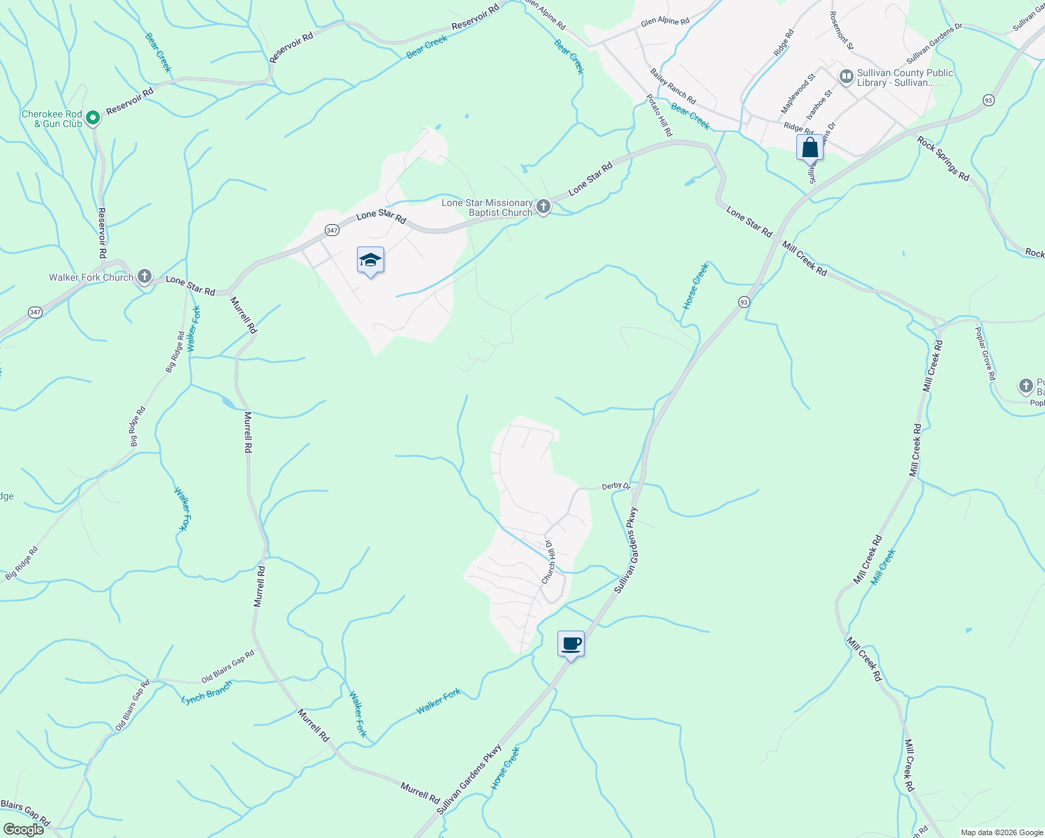 map of restaurants, bars, coffee shops, grocery stores, and more near 101 Marilee Way in Kingsport