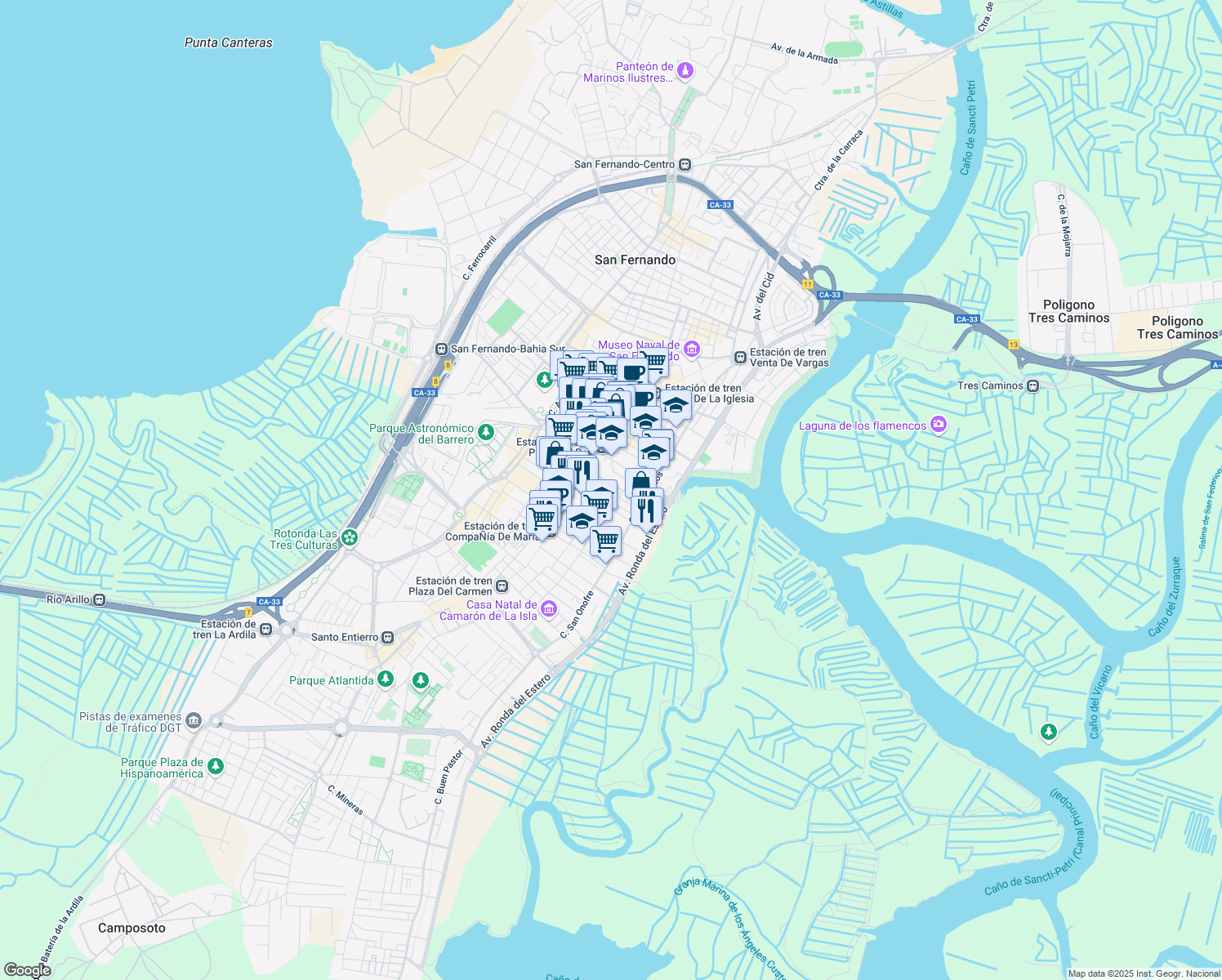 map of restaurants, bars, coffee shops, grocery stores, and more near 1 Calle Mallorca in San Fernando