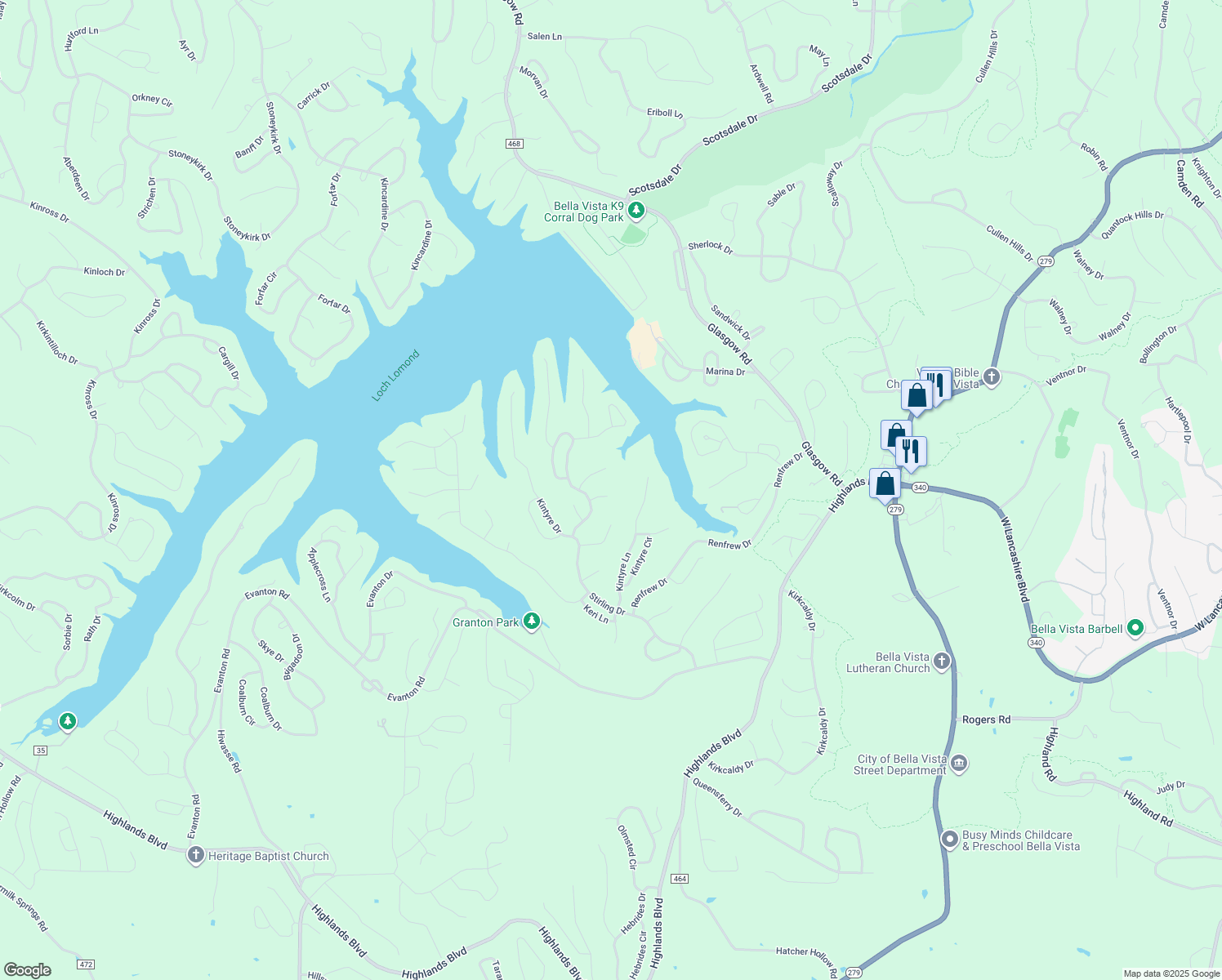 map of restaurants, bars, coffee shops, grocery stores, and more near 7 Donan Lane in Bella Vista