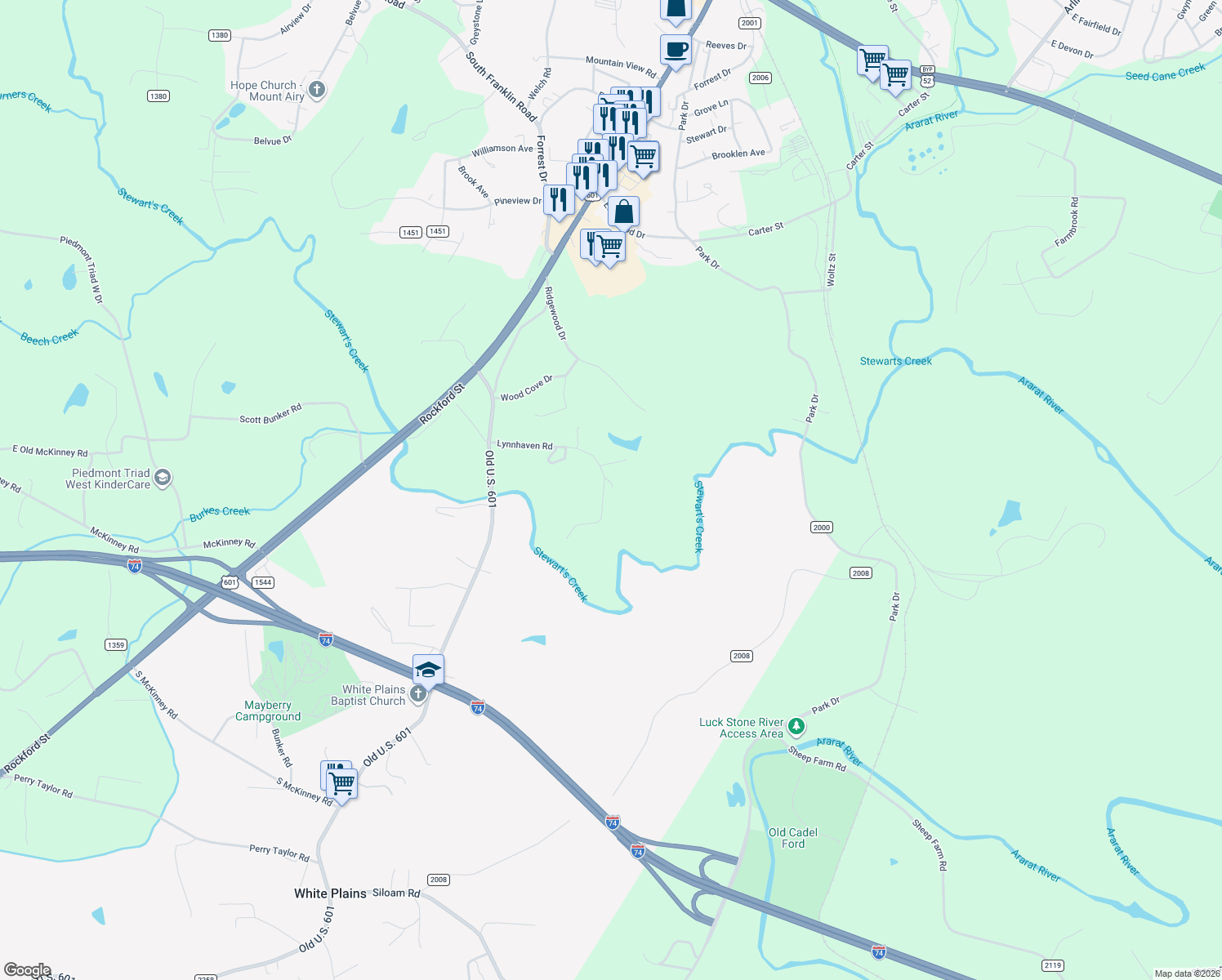 map of restaurants, bars, coffee shops, grocery stores, and more near 310 Lynnhaven Road in Mount Airy