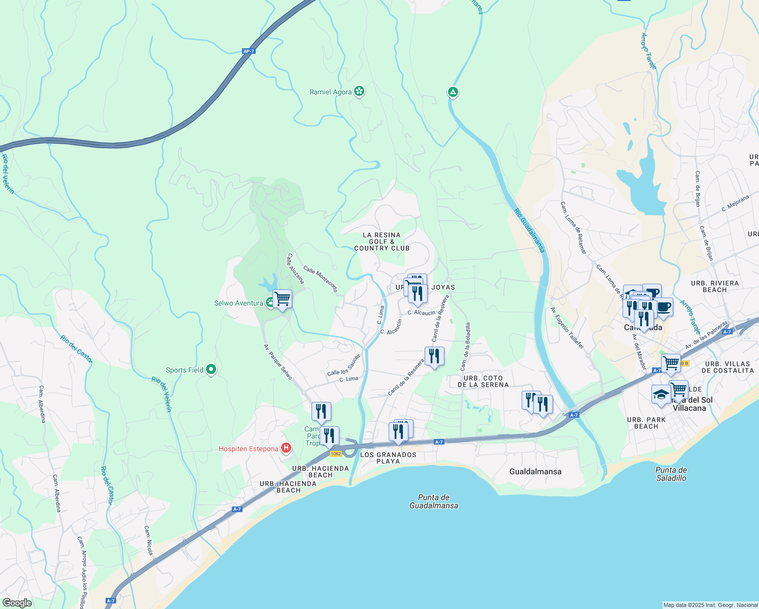 map of restaurants, bars, coffee shops, grocery stores, and more near 2 Calle Igualeja in Estepona