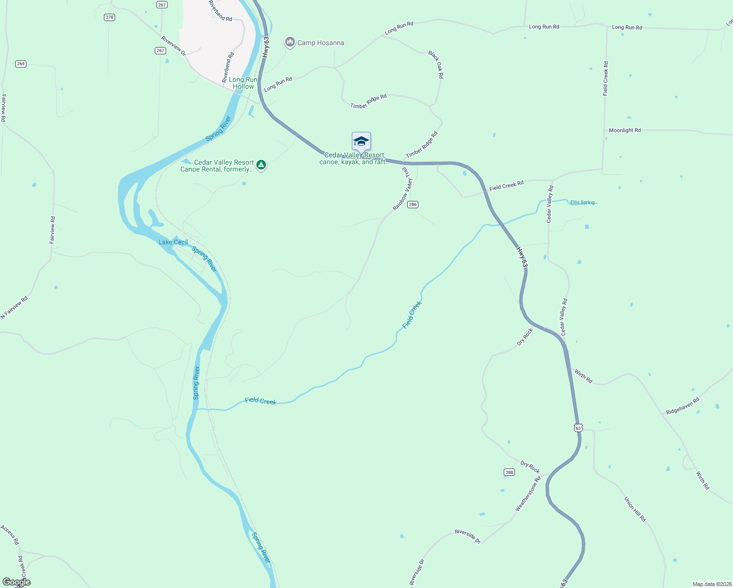 map of restaurants, bars, coffee shops, grocery stores, and more near 648 Rainbow Valley Trail in Mammoth Spring