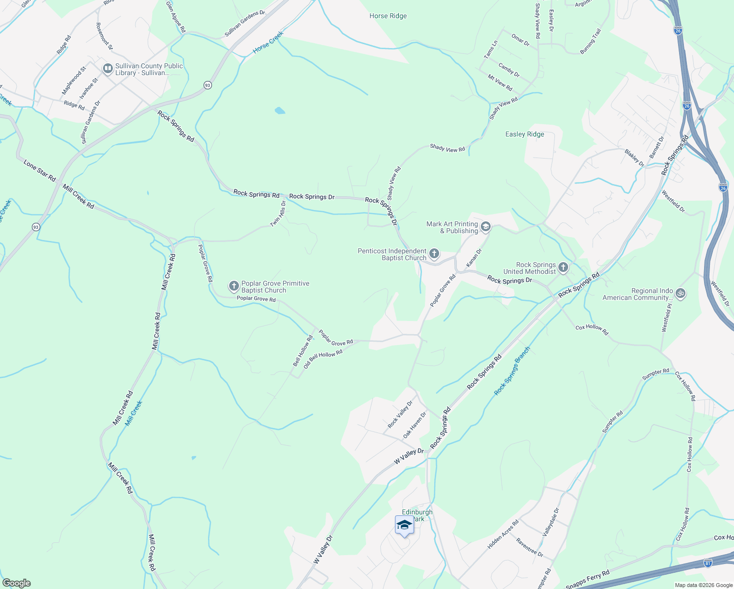 map of restaurants, bars, coffee shops, grocery stores, and more near 512 Woodview Court in Kingsport