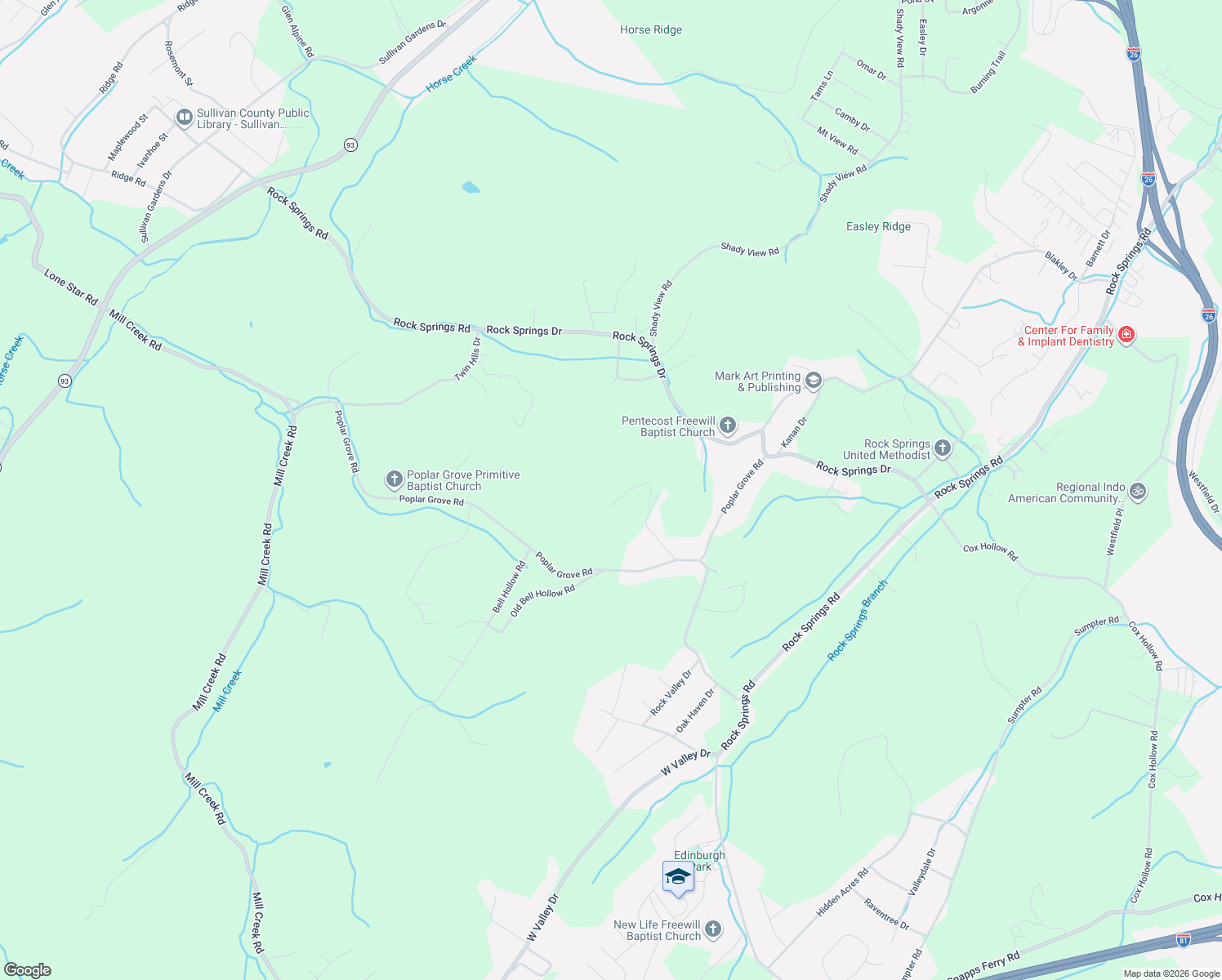 map of restaurants, bars, coffee shops, grocery stores, and more near 512 Woodview Court in Kingsport