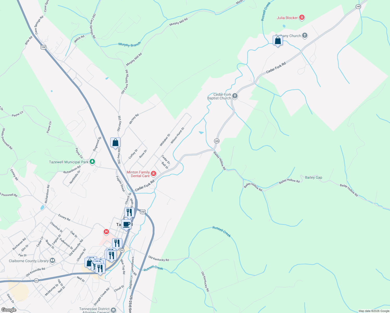 map of restaurants, bars, coffee shops, grocery stores, and more near 409 Cedar Fork Road in Tazewell