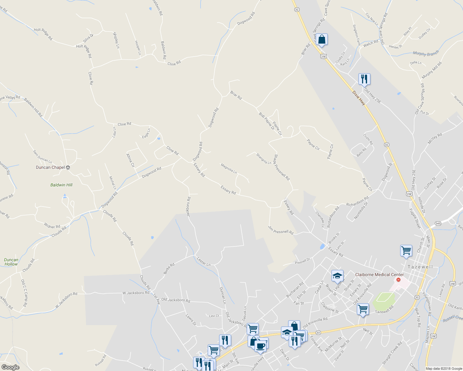 map of restaurants, bars, coffee shops, grocery stores, and more near 145 Blake Lane in Tazewell