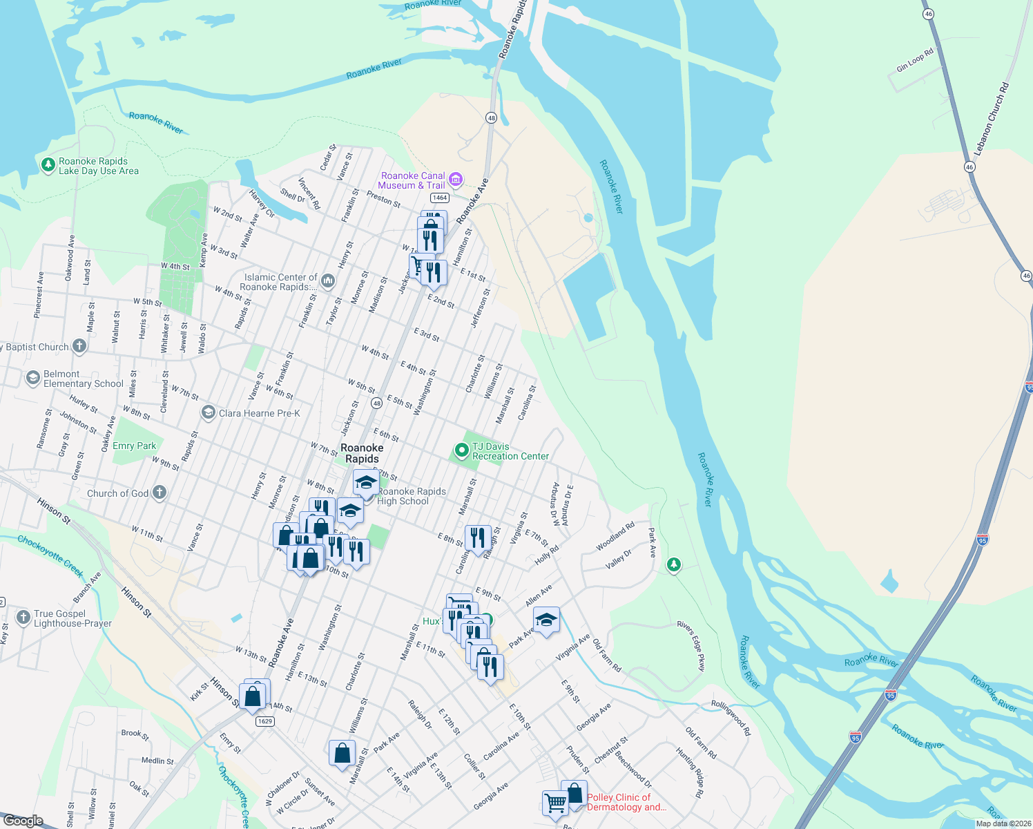 map of restaurants, bars, coffee shops, grocery stores, and more near 401 Carolina Street in Roanoke Rapids