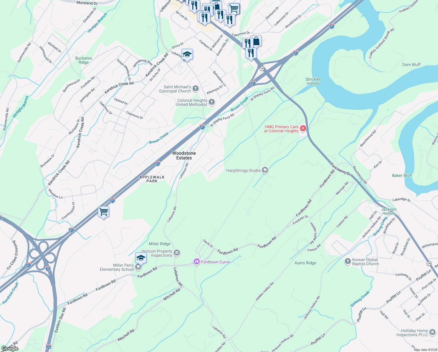 map of restaurants, bars, coffee shops, grocery stores, and more near 1028 Woodstone Drive in Kingsport