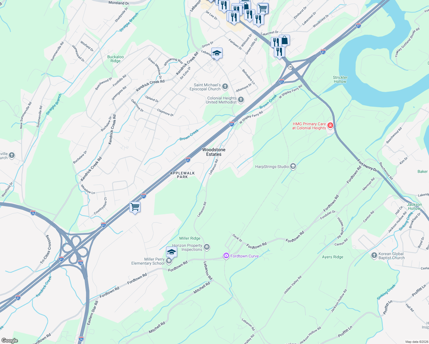 map of restaurants, bars, coffee shops, grocery stores, and more near 3569 McIntosh Drive in Kingsport