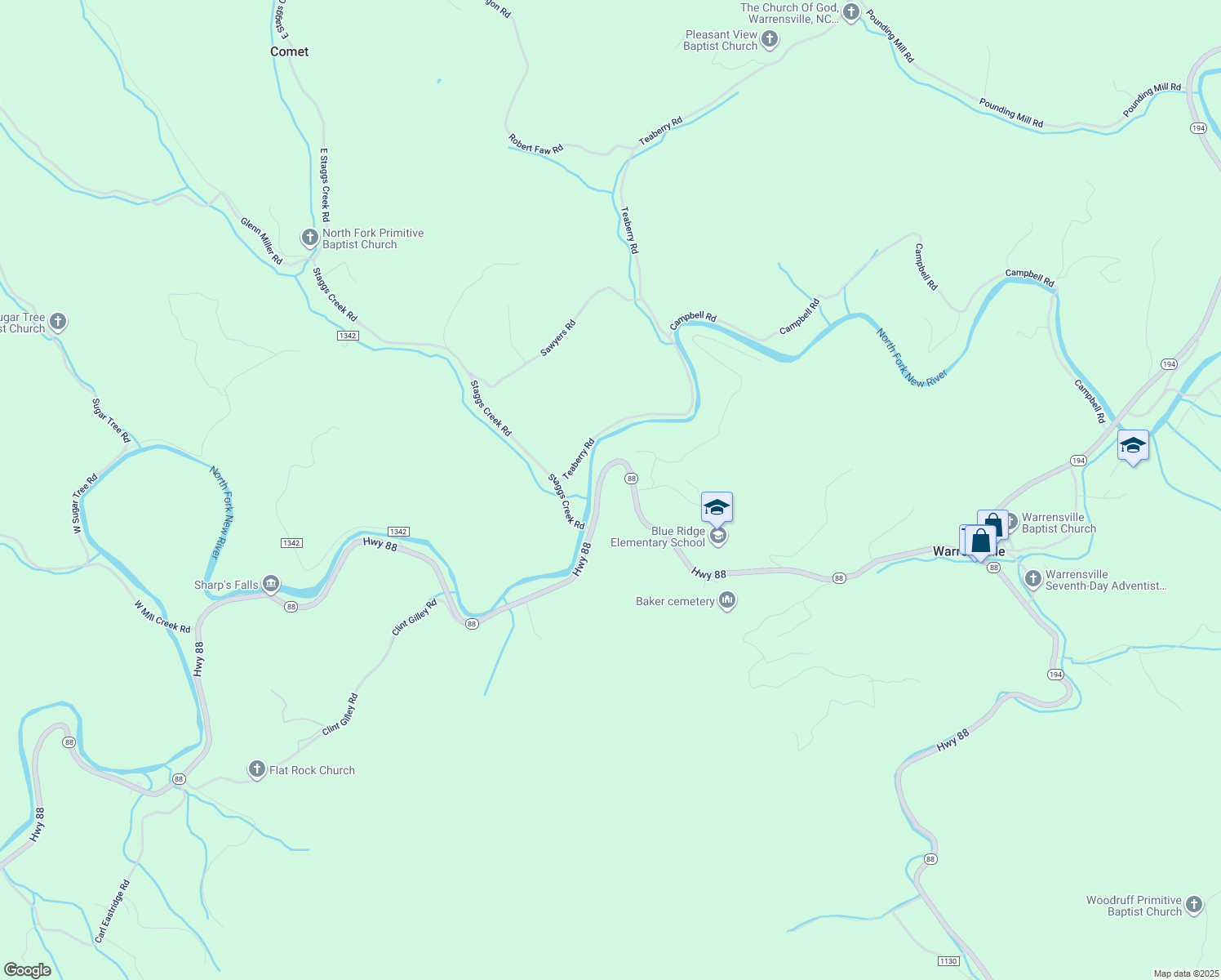 map of restaurants, bars, coffee shops, grocery stores, and more near 6381 North Carolina 88 in Warrensville