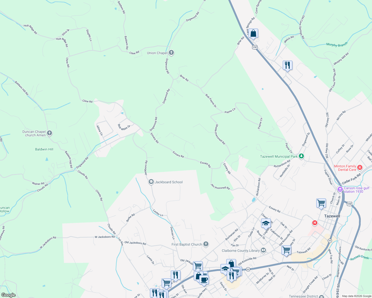 map of restaurants, bars, coffee shops, grocery stores, and more near 145 Blake Lane in Tazewell