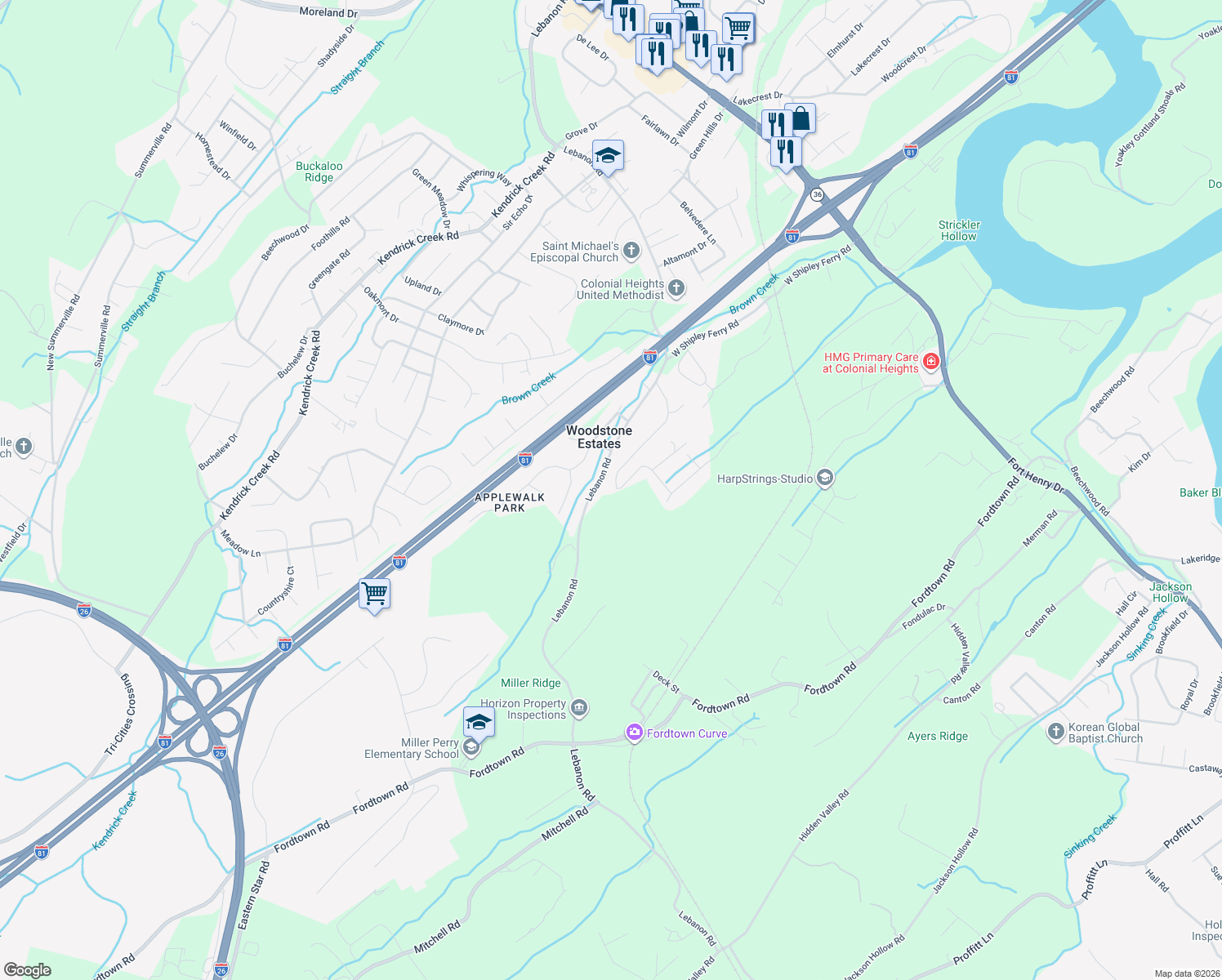 map of restaurants, bars, coffee shops, grocery stores, and more near 3569 McIntosh Drive in Kingsport