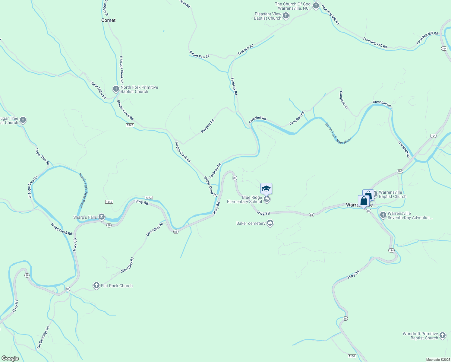map of restaurants, bars, coffee shops, grocery stores, and more near 6381 North Carolina 88 in Warrensville