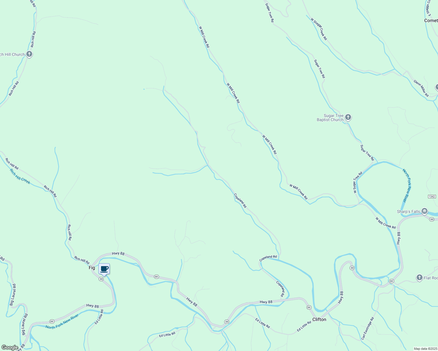 map of restaurants, bars, coffee shops, grocery stores, and more near Copeland Road in Ashe County