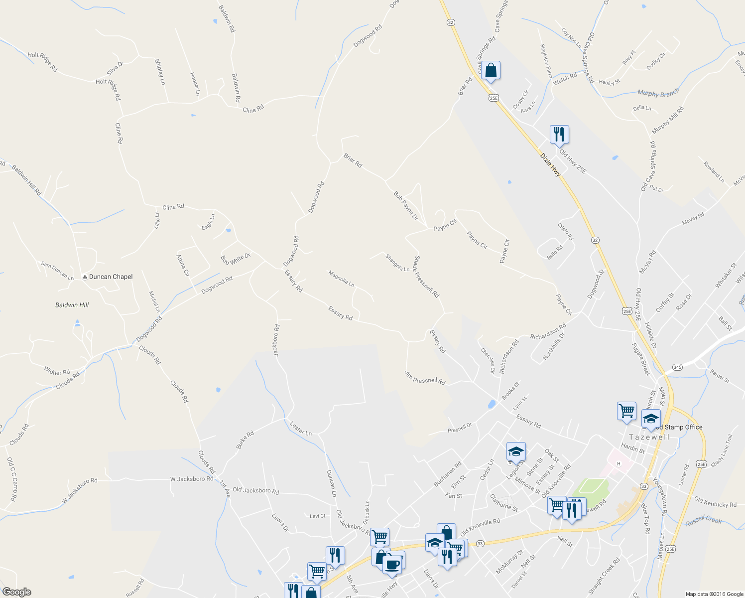 map of restaurants, bars, coffee shops, grocery stores, and more near 186 Blake Lane in Tazewell