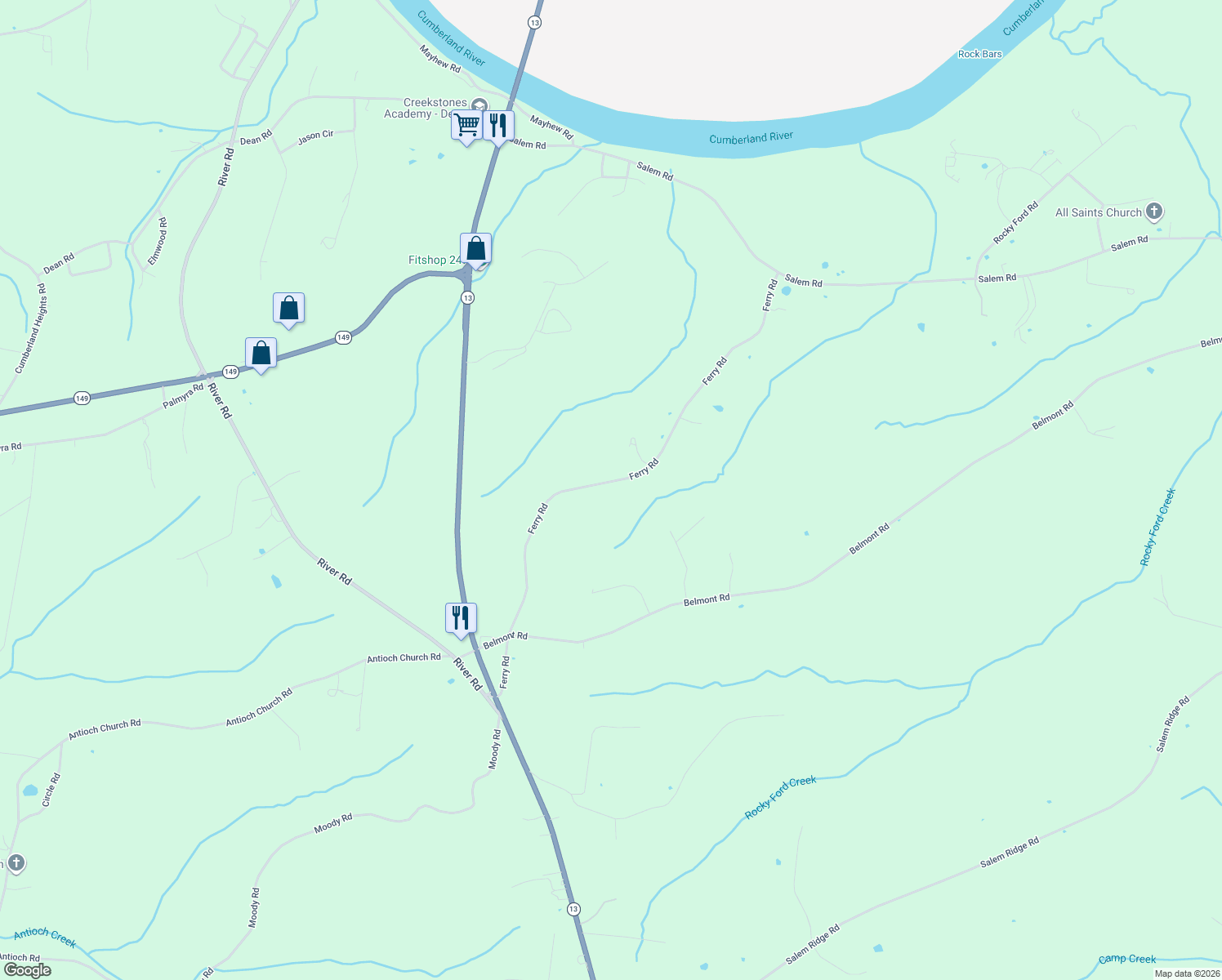 map of restaurants, bars, coffee shops, grocery stores, and more near 2105 Ferry Road in Clarksville