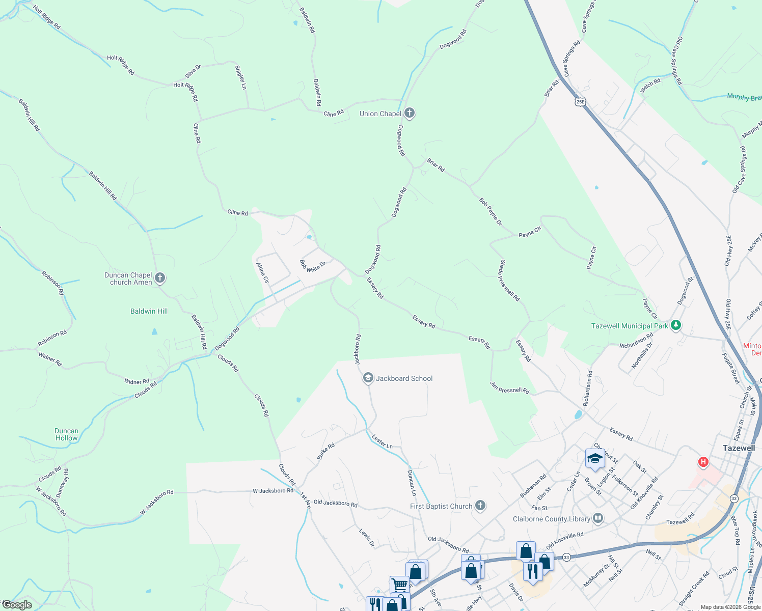 map of restaurants, bars, coffee shops, grocery stores, and more near 1161 Essary Road in Tazewell