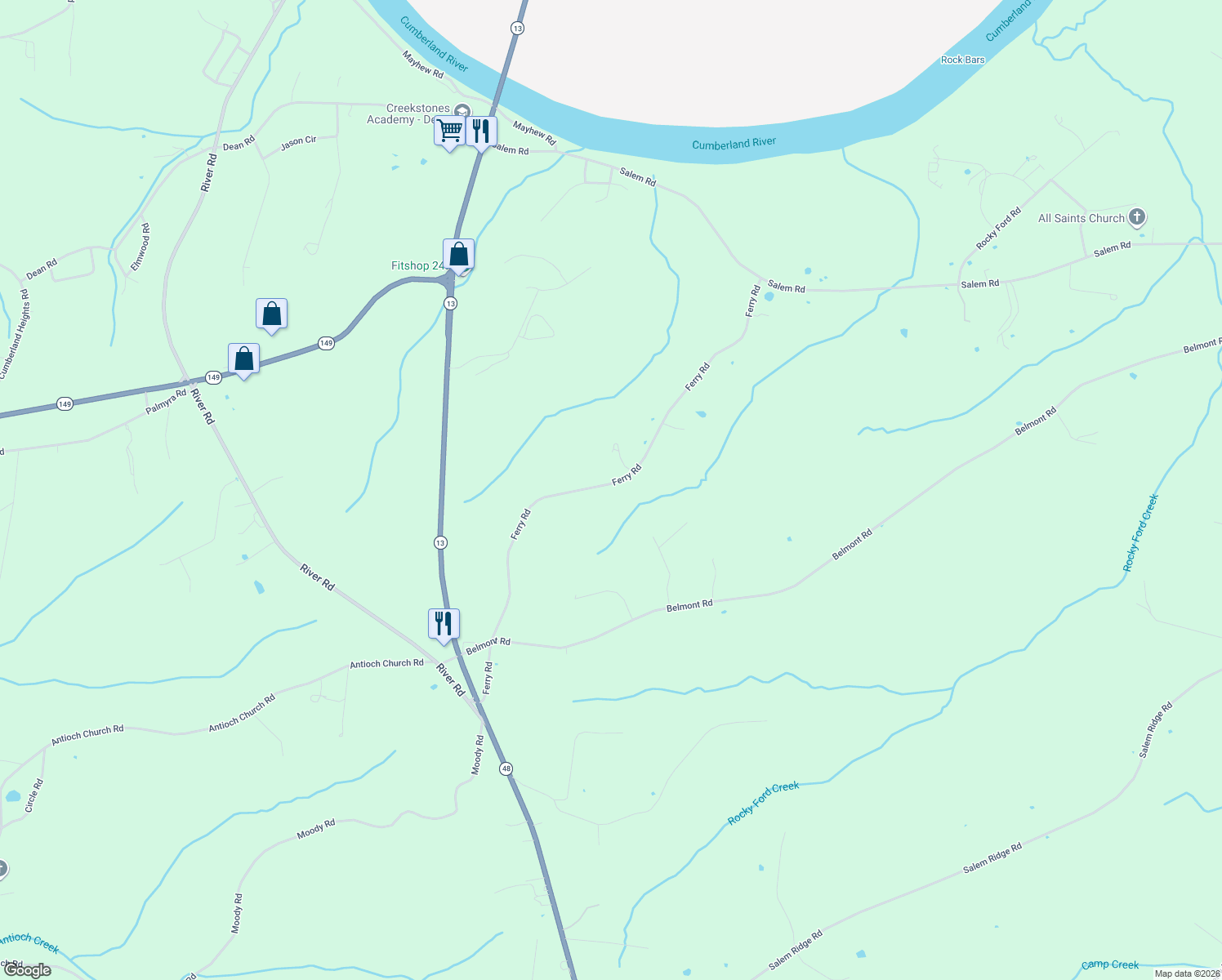 map of restaurants, bars, coffee shops, grocery stores, and more near 2105 Ferry Road in Clarksville