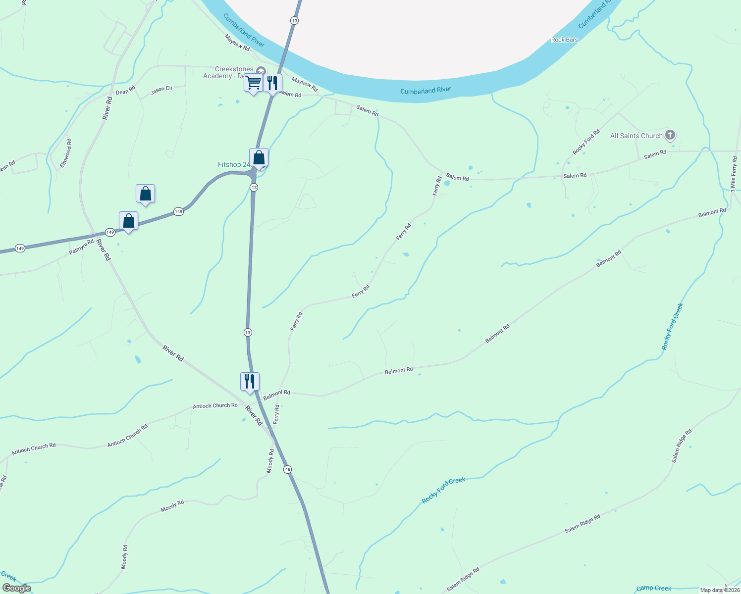 map of restaurants, bars, coffee shops, grocery stores, and more near 2084 Ferry Road in Clarksville