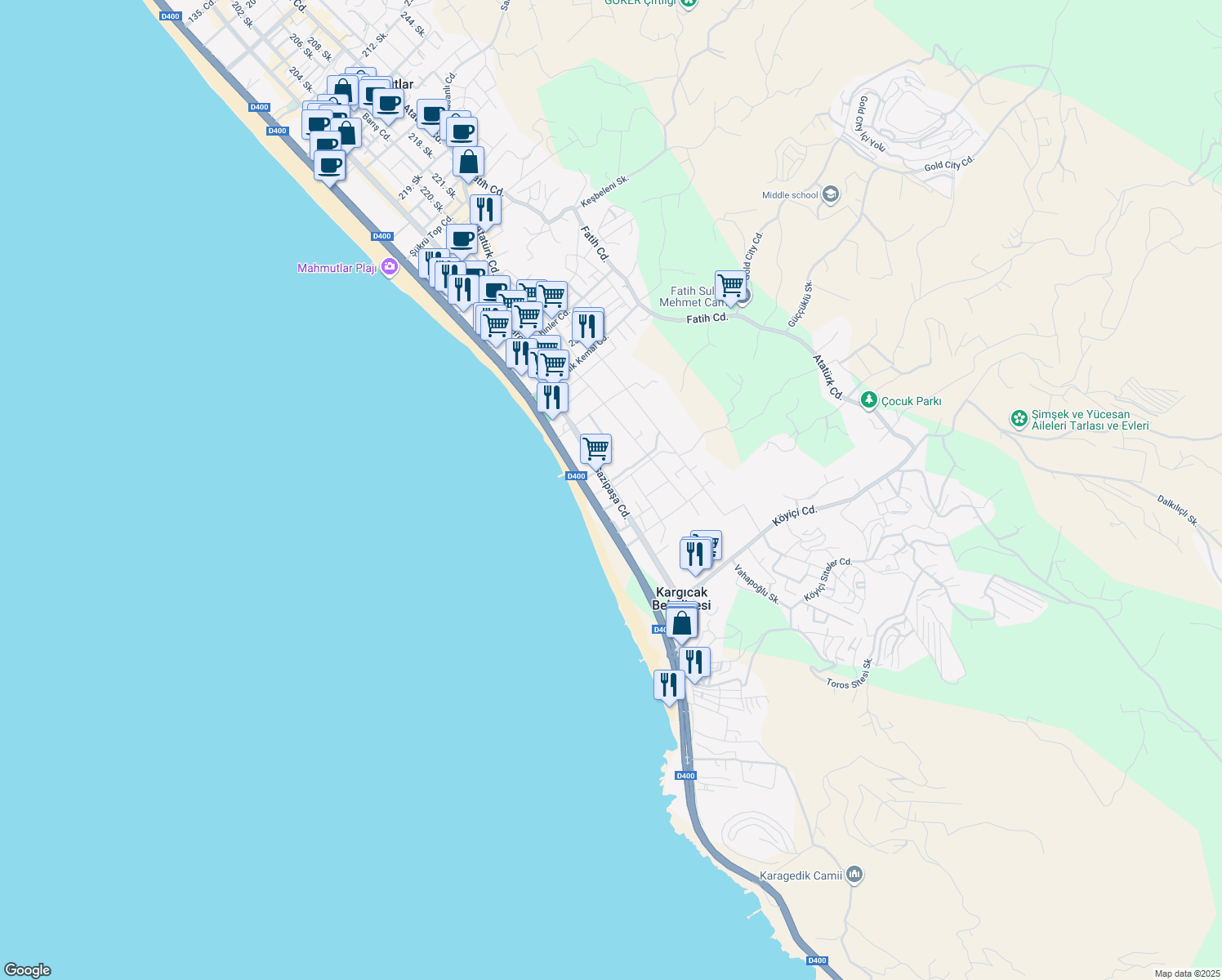 map of restaurants, bars, coffee shops, grocery stores, and more near Gazipaşa Caddesi in Alanya
