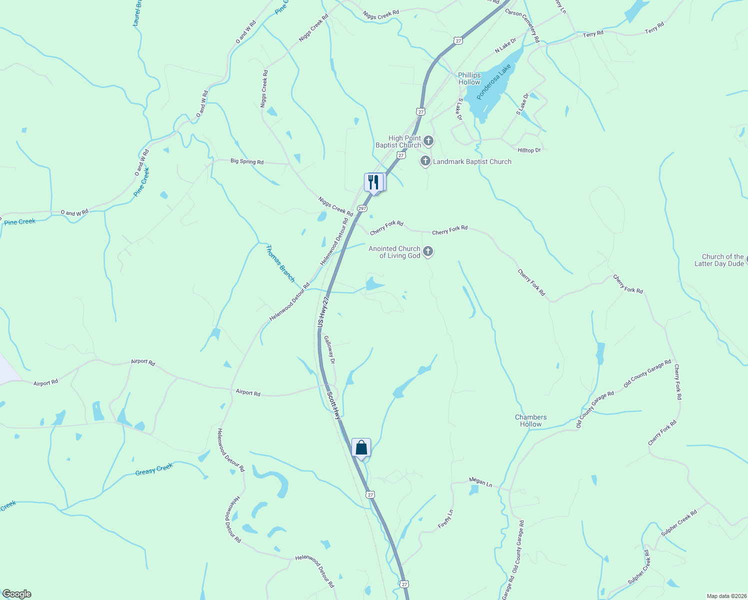map of restaurants, bars, coffee shops, grocery stores, and more near 238 Oral Drive in Helenwood