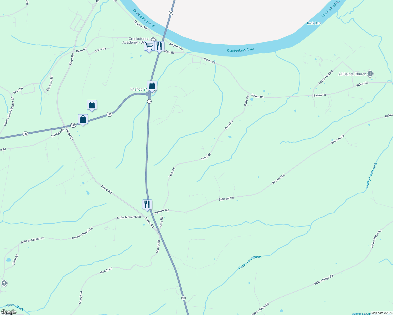 map of restaurants, bars, coffee shops, grocery stores, and more near 2084 Ferry Road in Clarksville