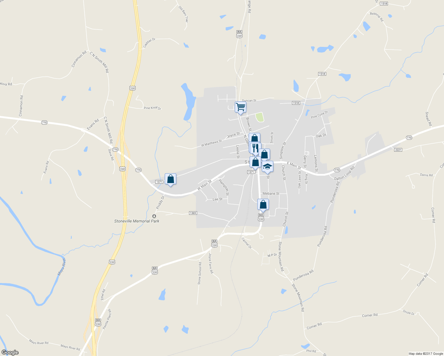 map of restaurants, bars, coffee shops, grocery stores, and more near 101 Hampton Street in Stoneville