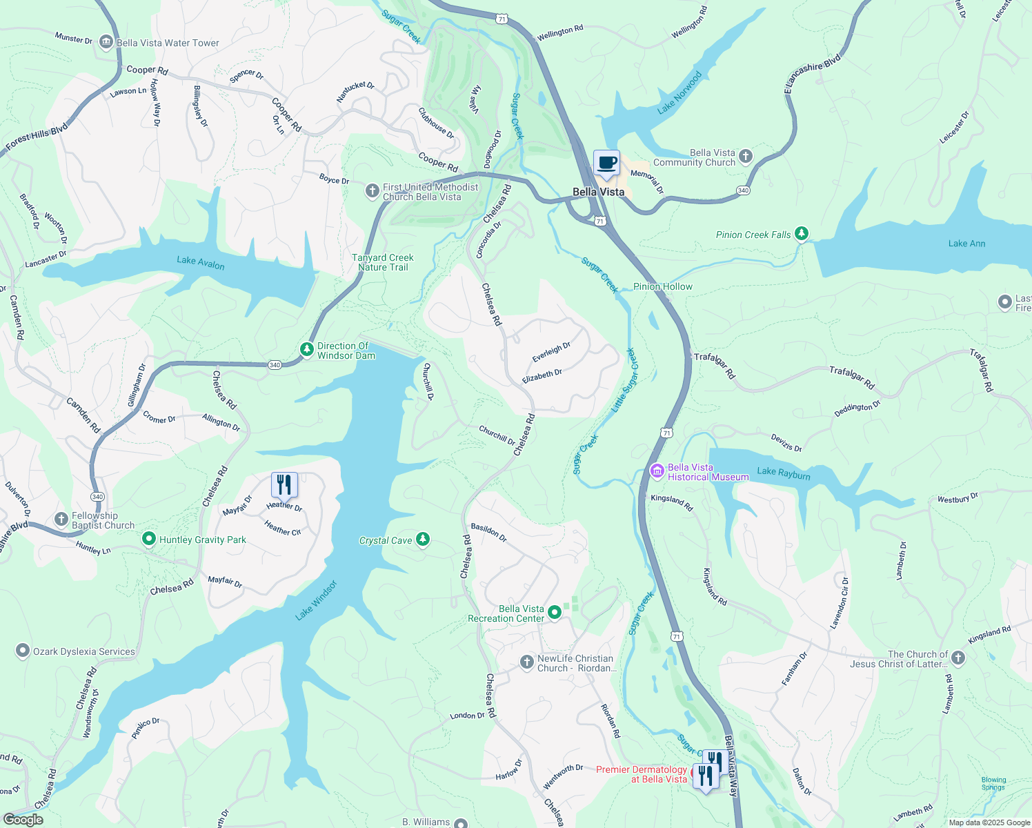 map of restaurants, bars, coffee shops, grocery stores, and more near 5 Fareham Lane in Bella Vista