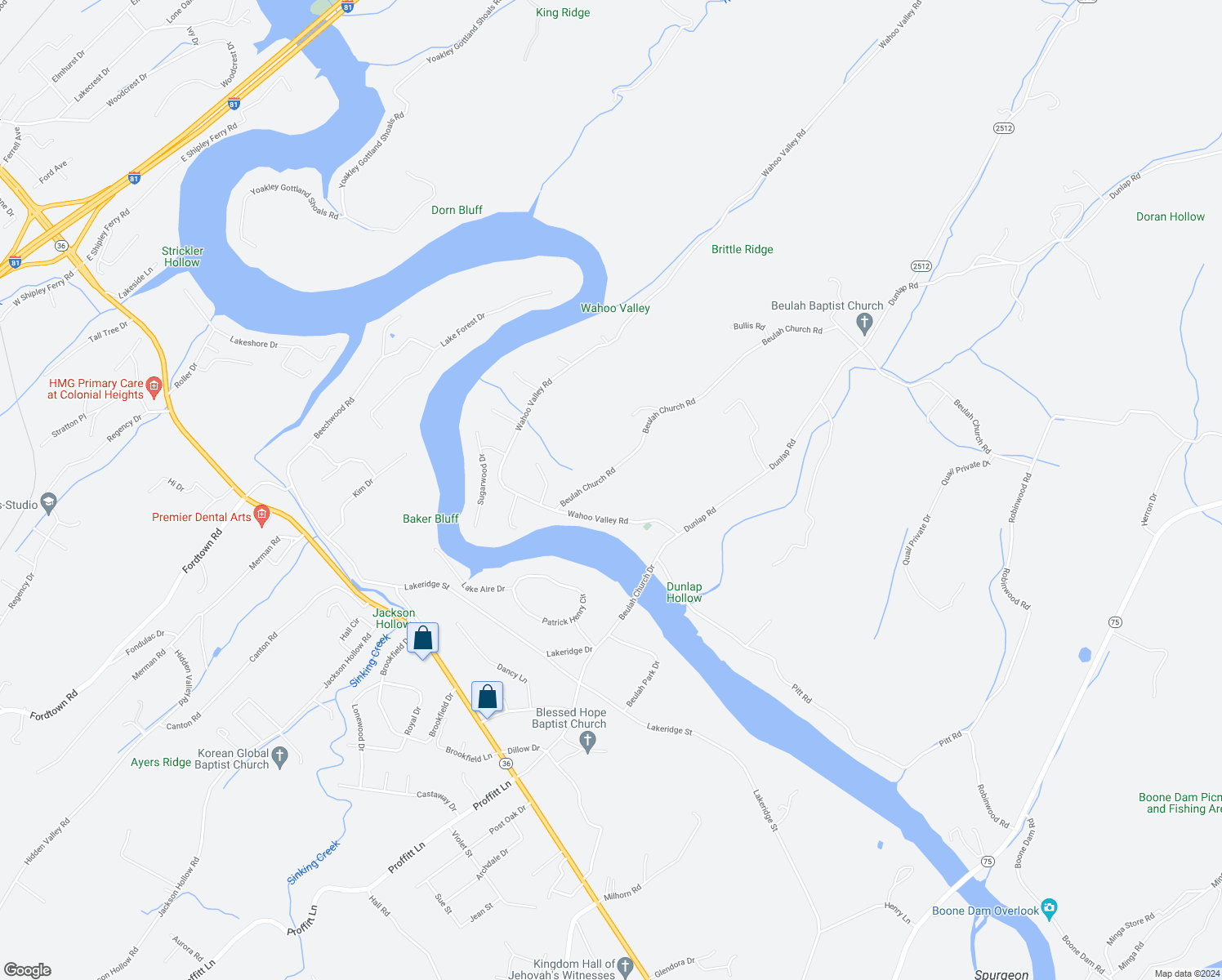 map of restaurants, bars, coffee shops, grocery stores, and more near 885 Beulah Church Road in Kingsport