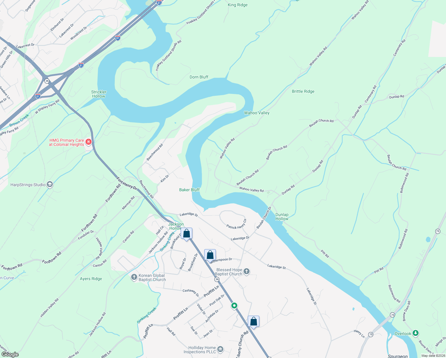 map of restaurants, bars, coffee shops, grocery stores, and more near 1121 Wahoo Valley Road in Kingsport