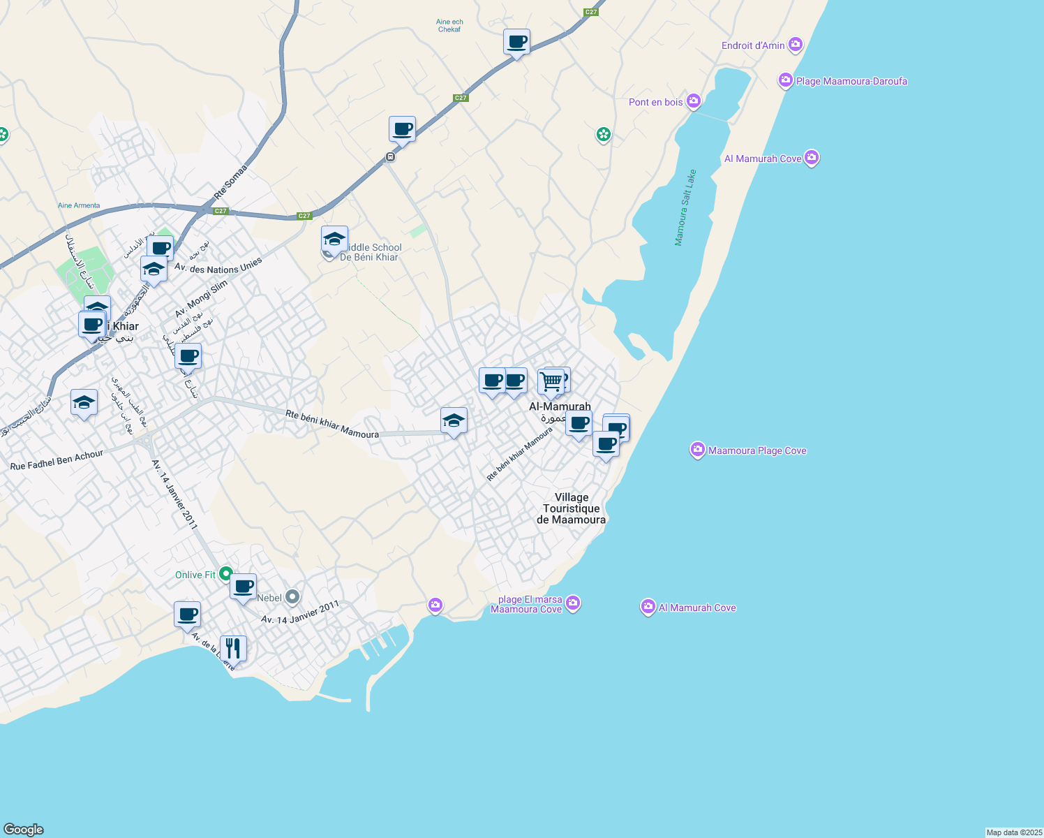 map of restaurants, bars, coffee shops, grocery stores, and more near in Nabeul‎