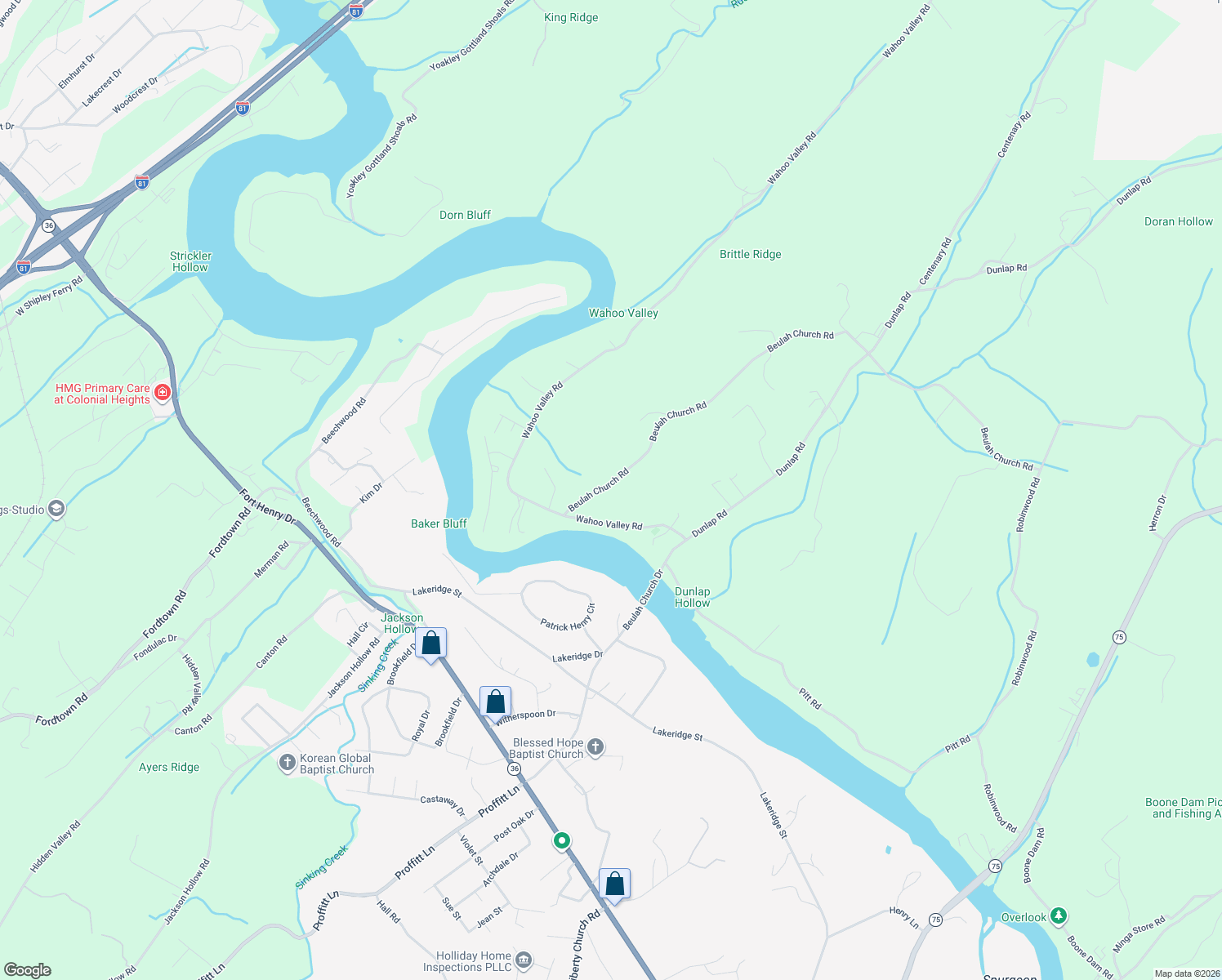map of restaurants, bars, coffee shops, grocery stores, and more near 885 Beulah Church Road in Kingsport