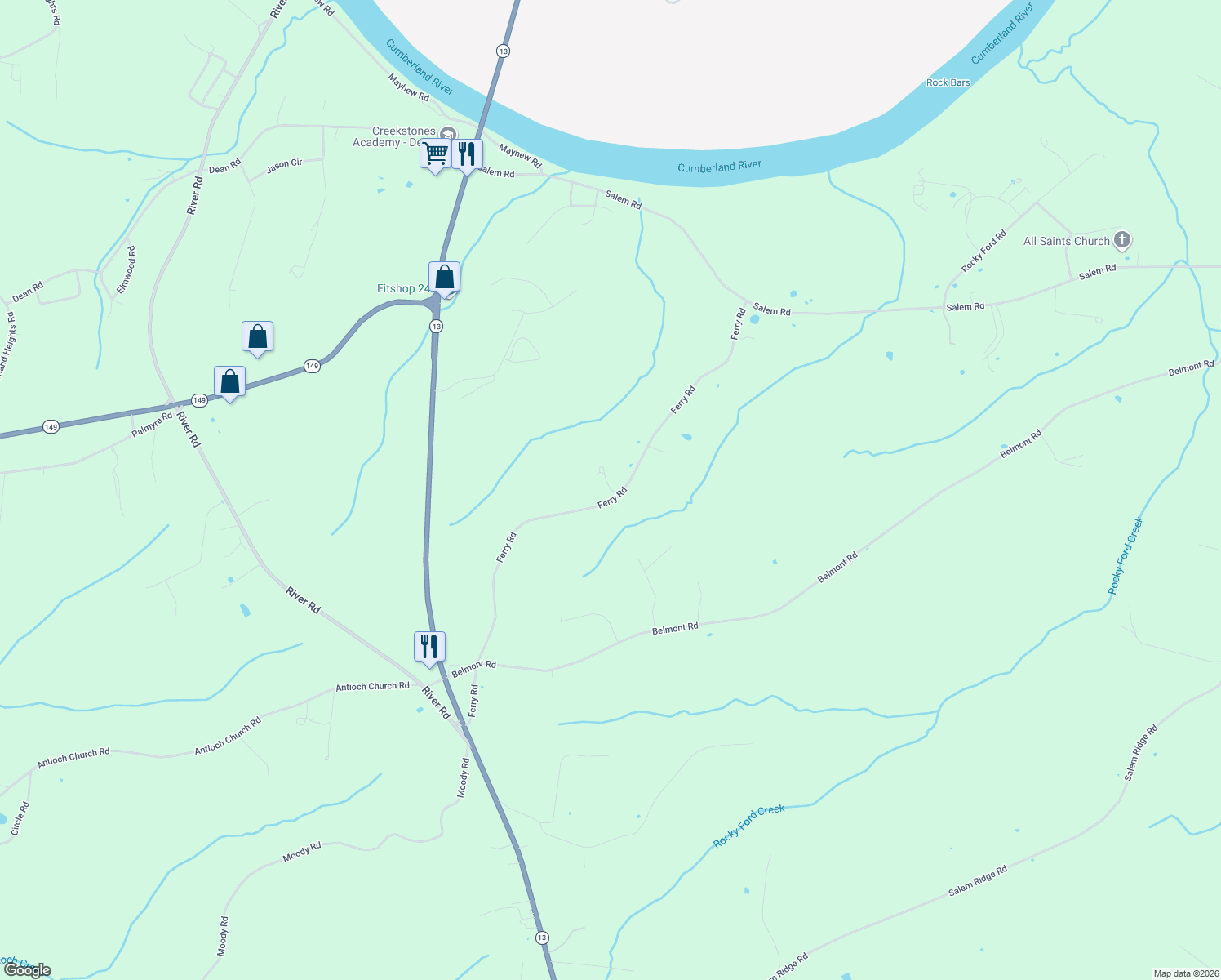 map of restaurants, bars, coffee shops, grocery stores, and more near 2084 Ferry Road in Clarksville