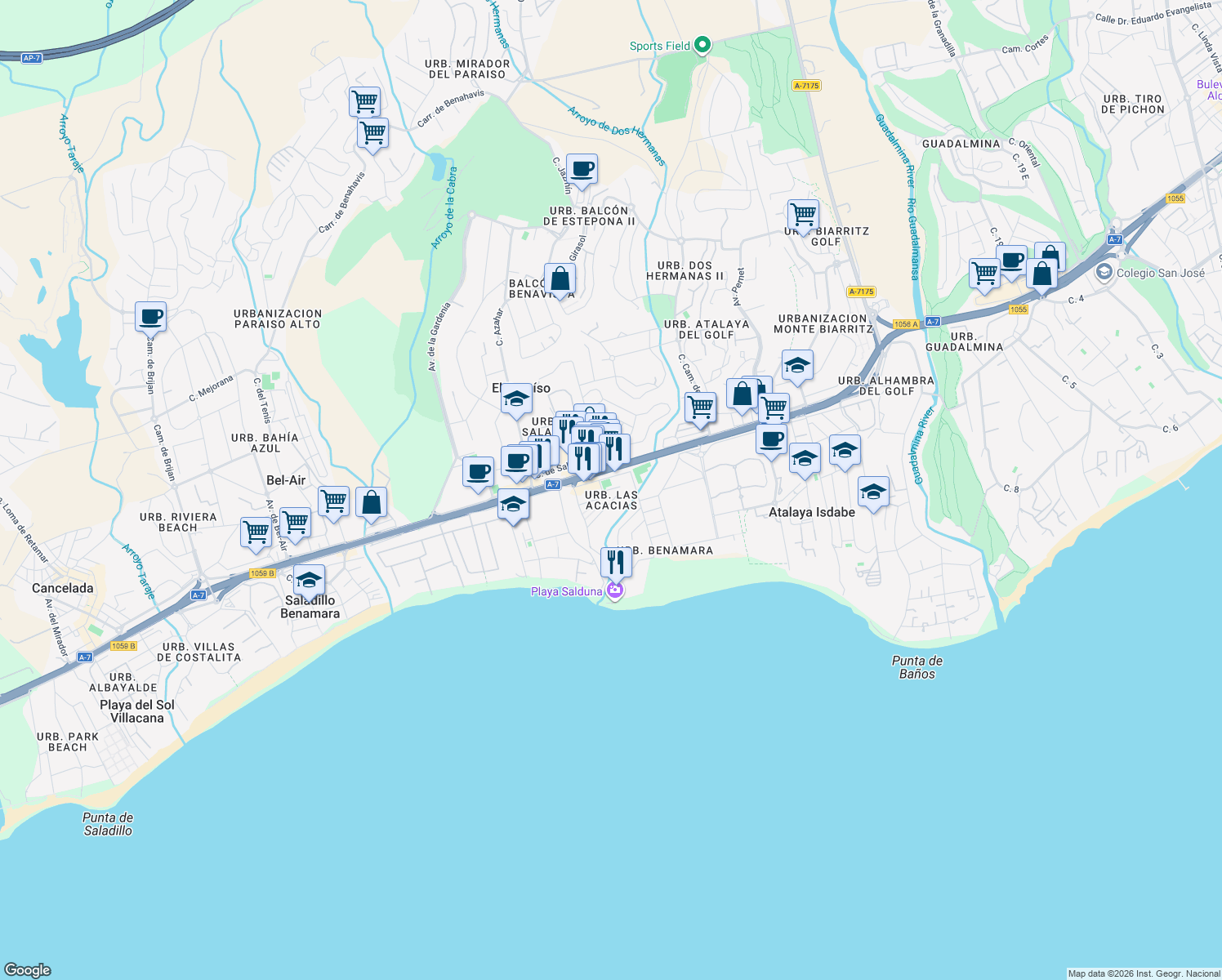map of restaurants, bars, coffee shops, grocery stores, and more near km 167 N-340 in Estepona