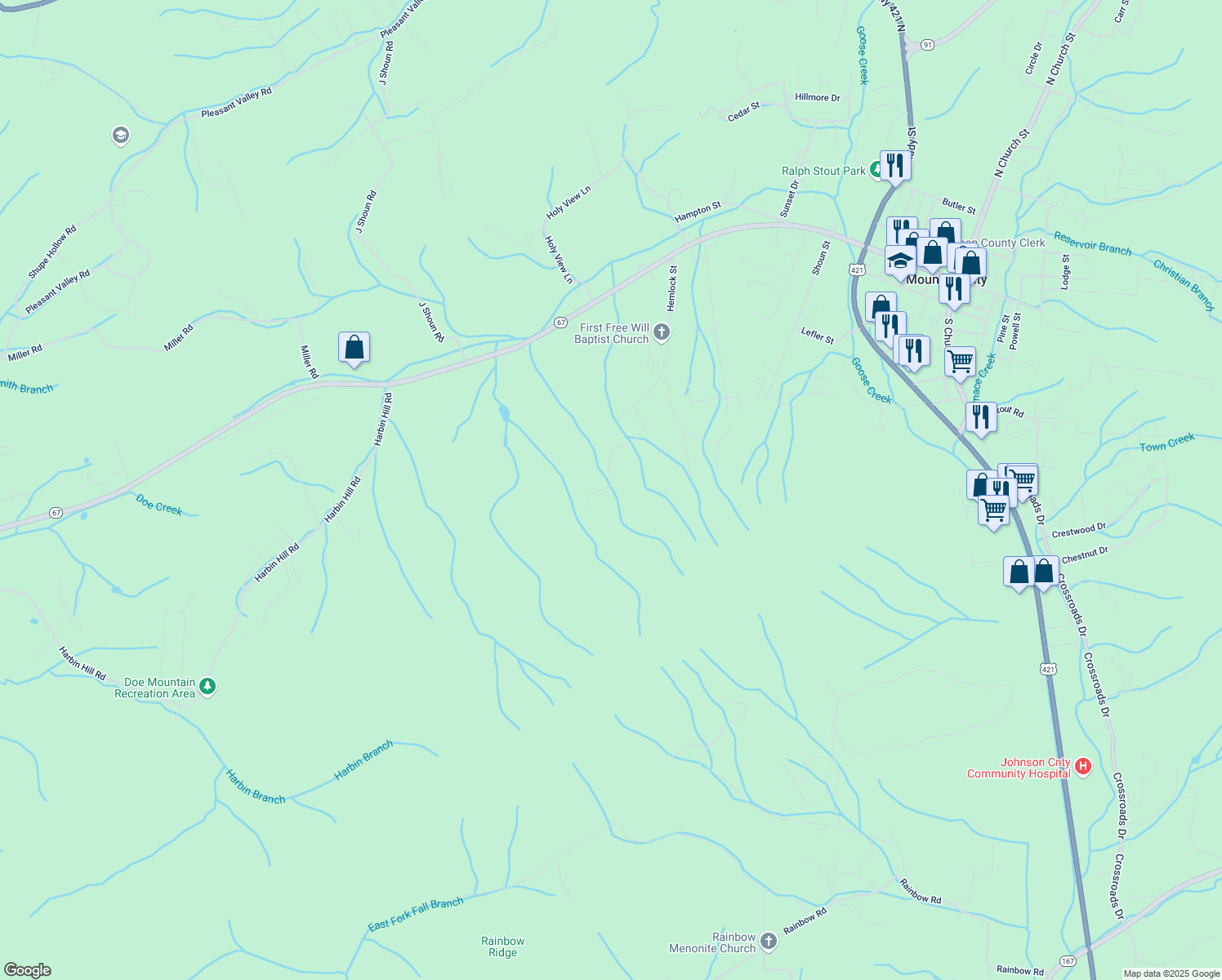 map of restaurants, bars, coffee shops, grocery stores, and more near in Mountain City