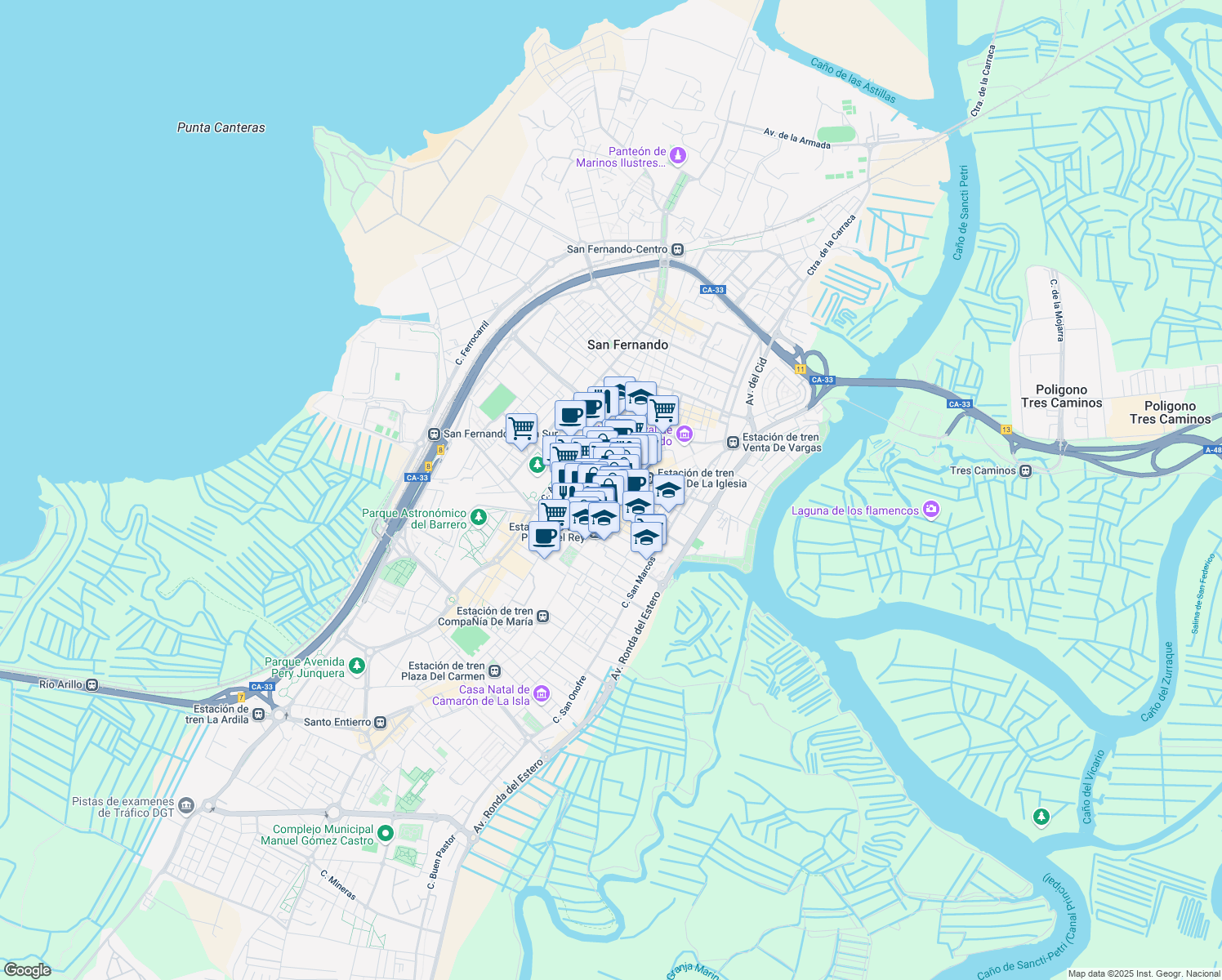 map of restaurants, bars, coffee shops, grocery stores, and more near 18 Calle las Cortes in San Fernando
