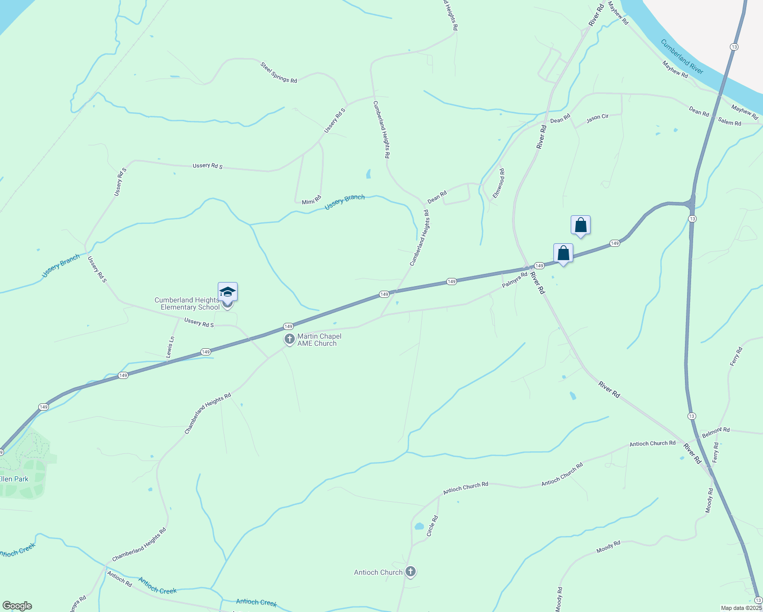 map of restaurants, bars, coffee shops, grocery stores, and more near 2050 Cumberland Heights Road in Clarksville