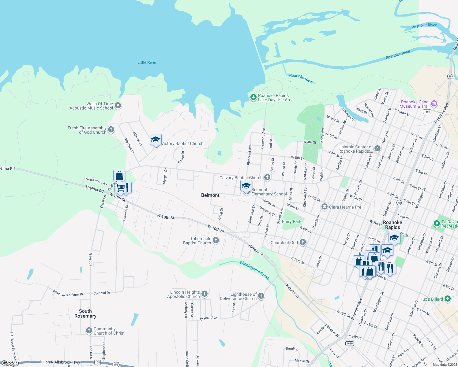 map of restaurants, bars, coffee shops, grocery stores, and more near 105 Jeffrey Ln in Roanoke Rapids