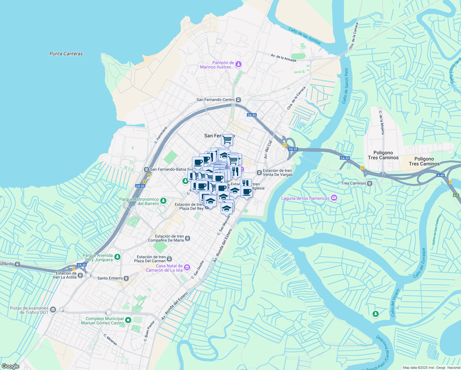 map of restaurants, bars, coffee shops, grocery stores, and more near 18 Calle Real in San Fernando