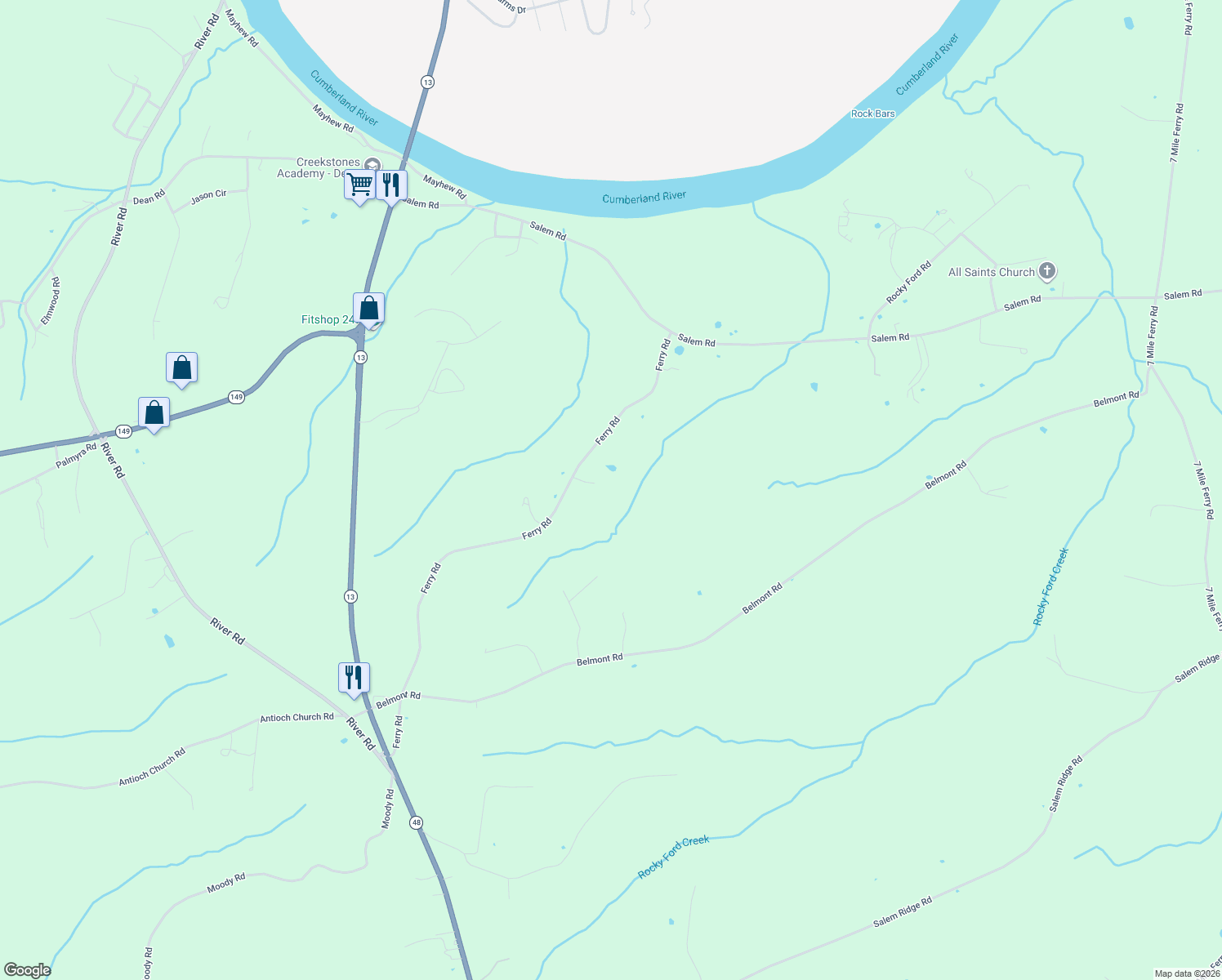 map of restaurants, bars, coffee shops, grocery stores, and more near 2039 Ferry Road in Clarksville