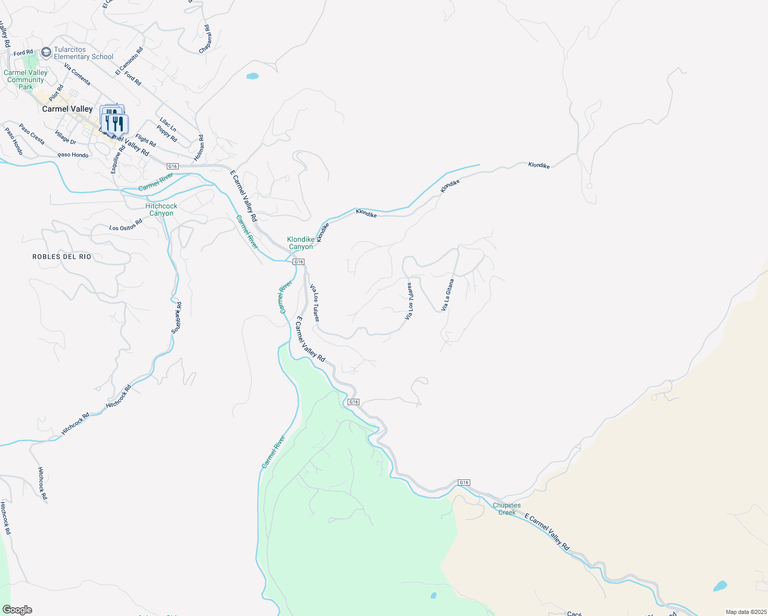 map of restaurants, bars, coffee shops, grocery stores, and more near 15415 Vía Los Tulares in Carmel Valley