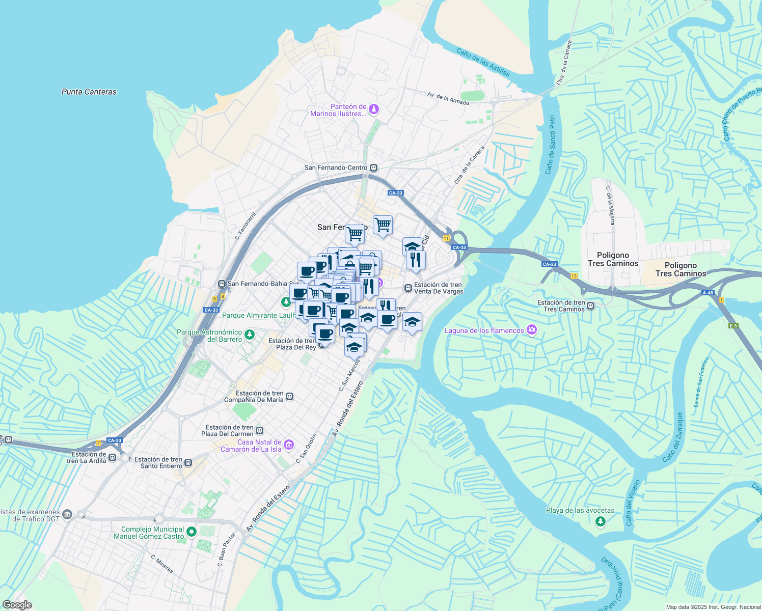 map of restaurants, bars, coffee shops, grocery stores, and more near 20 Calle Jardinillo in San Fernando