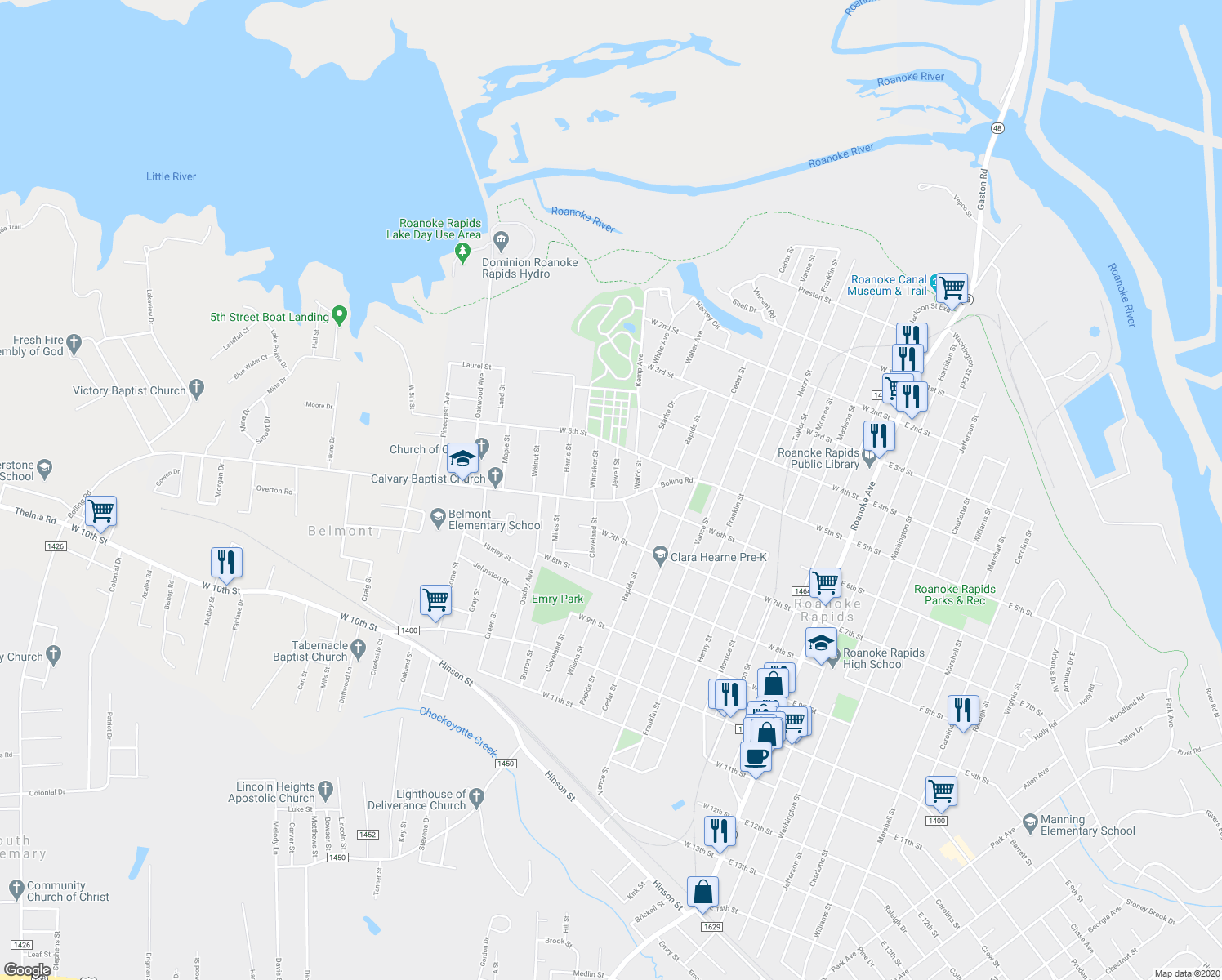 map of restaurants, bars, coffee shops, grocery stores, and more near 583 Jewell Street in Roanoke Rapids