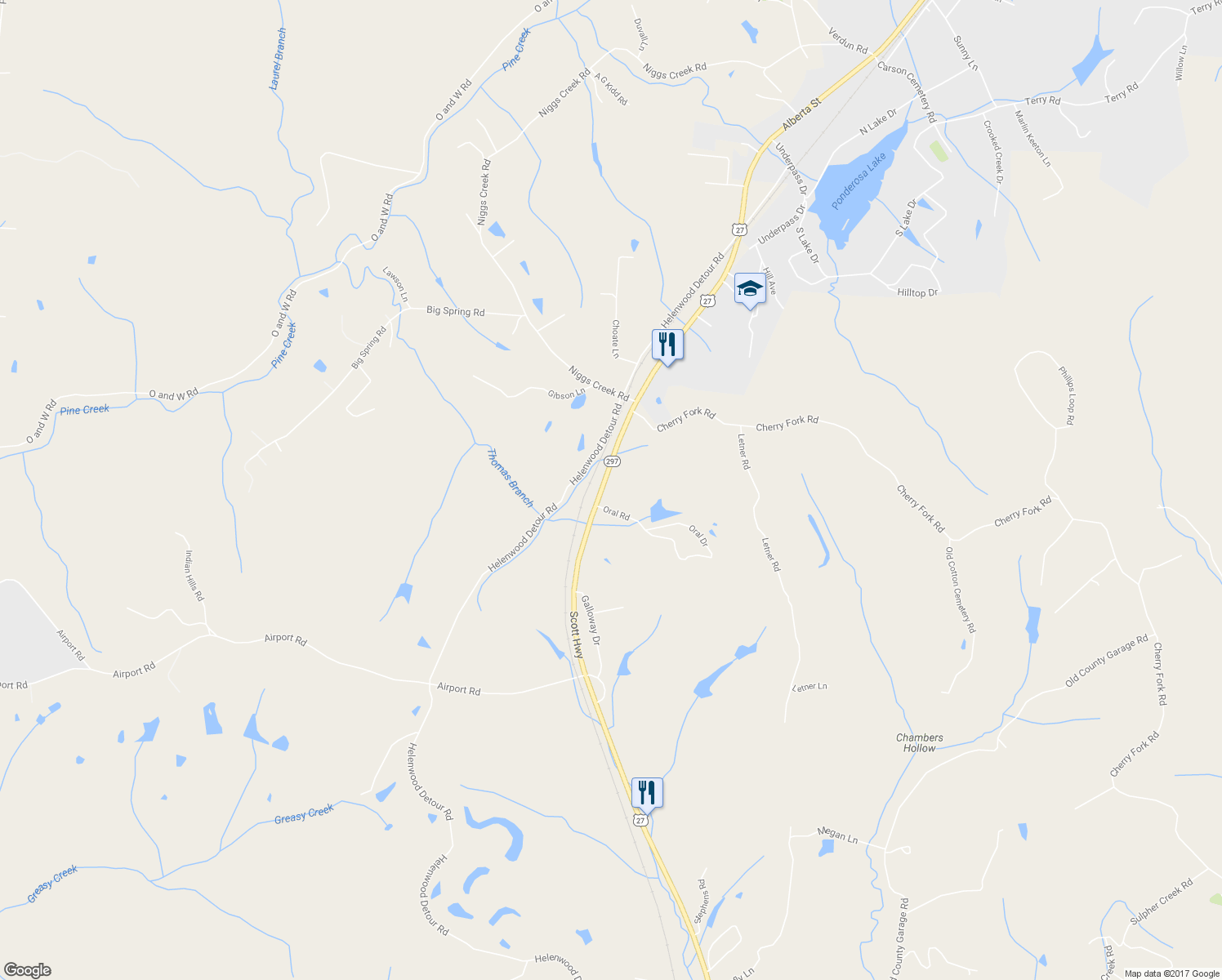 map of restaurants, bars, coffee shops, grocery stores, and more near 15464 Scott Highway in Helenwood