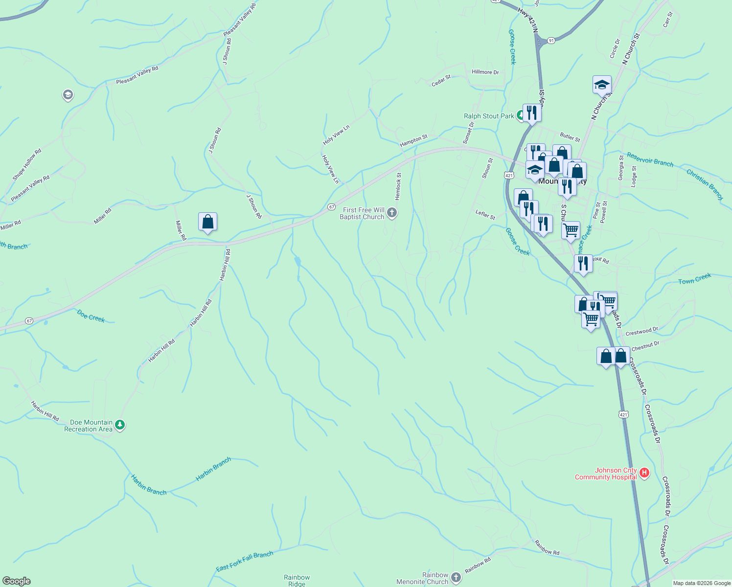 map of restaurants, bars, coffee shops, grocery stores, and more near 411 Bankers Bend in Mountain City
