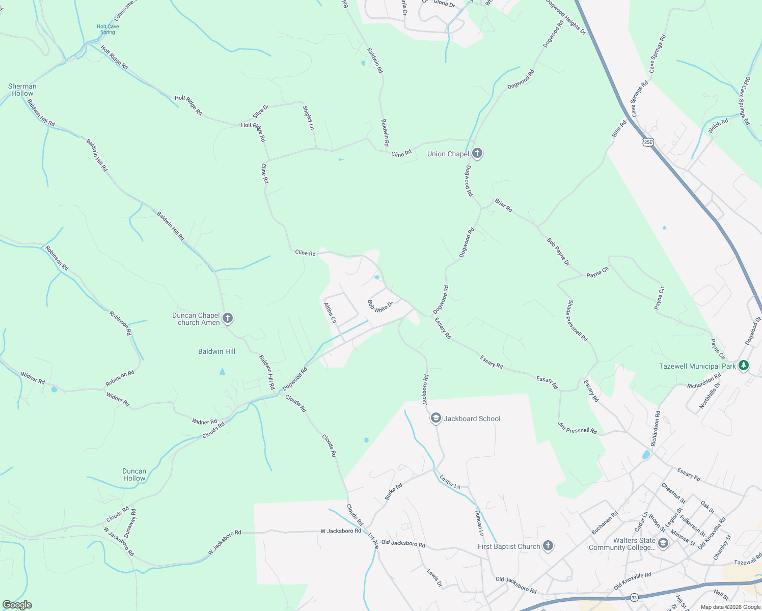 map of restaurants, bars, coffee shops, grocery stores, and more near 176 Bob White Drive in Tazewell