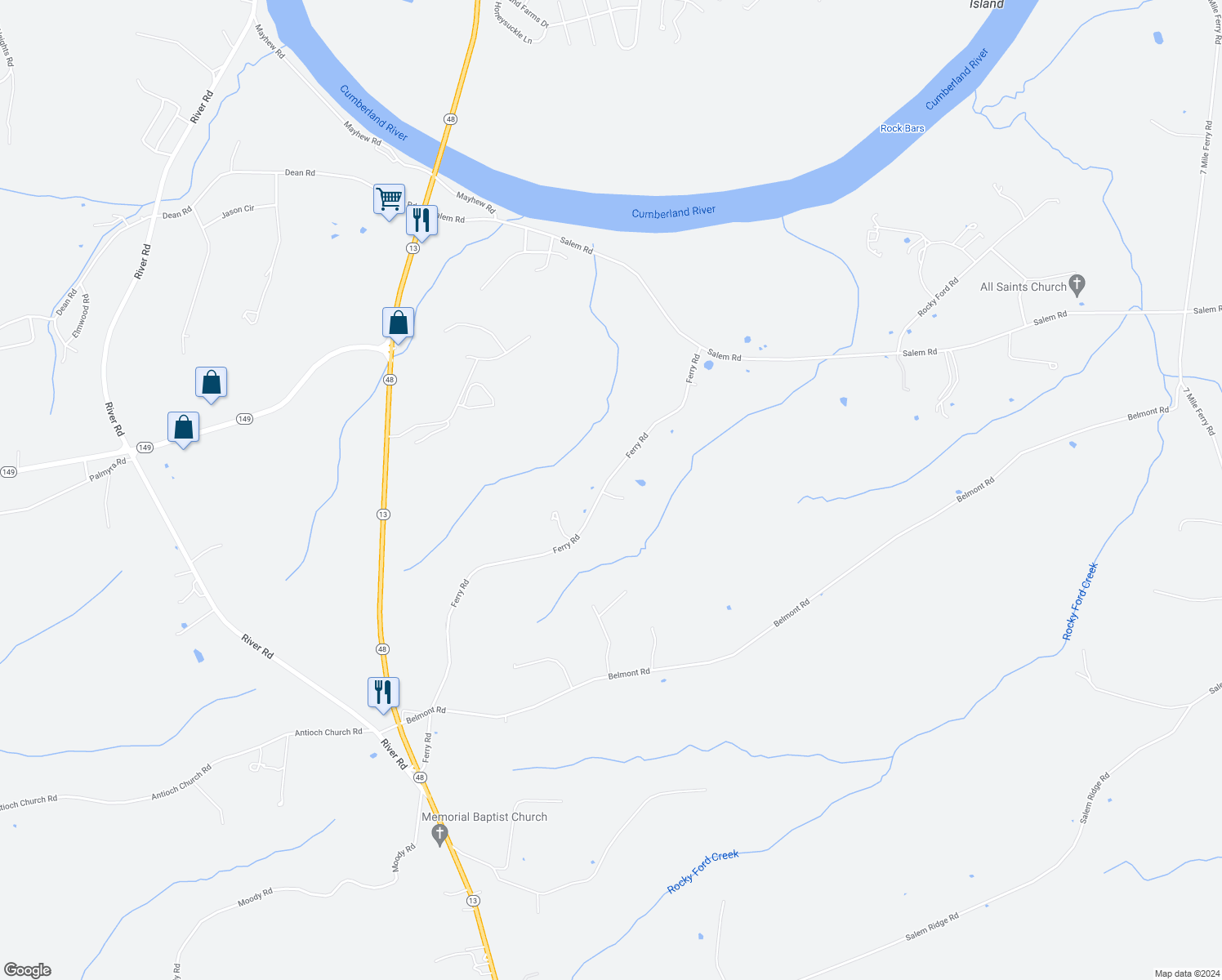 map of restaurants, bars, coffee shops, grocery stores, and more near 2035 Ferry Road in Clarksville